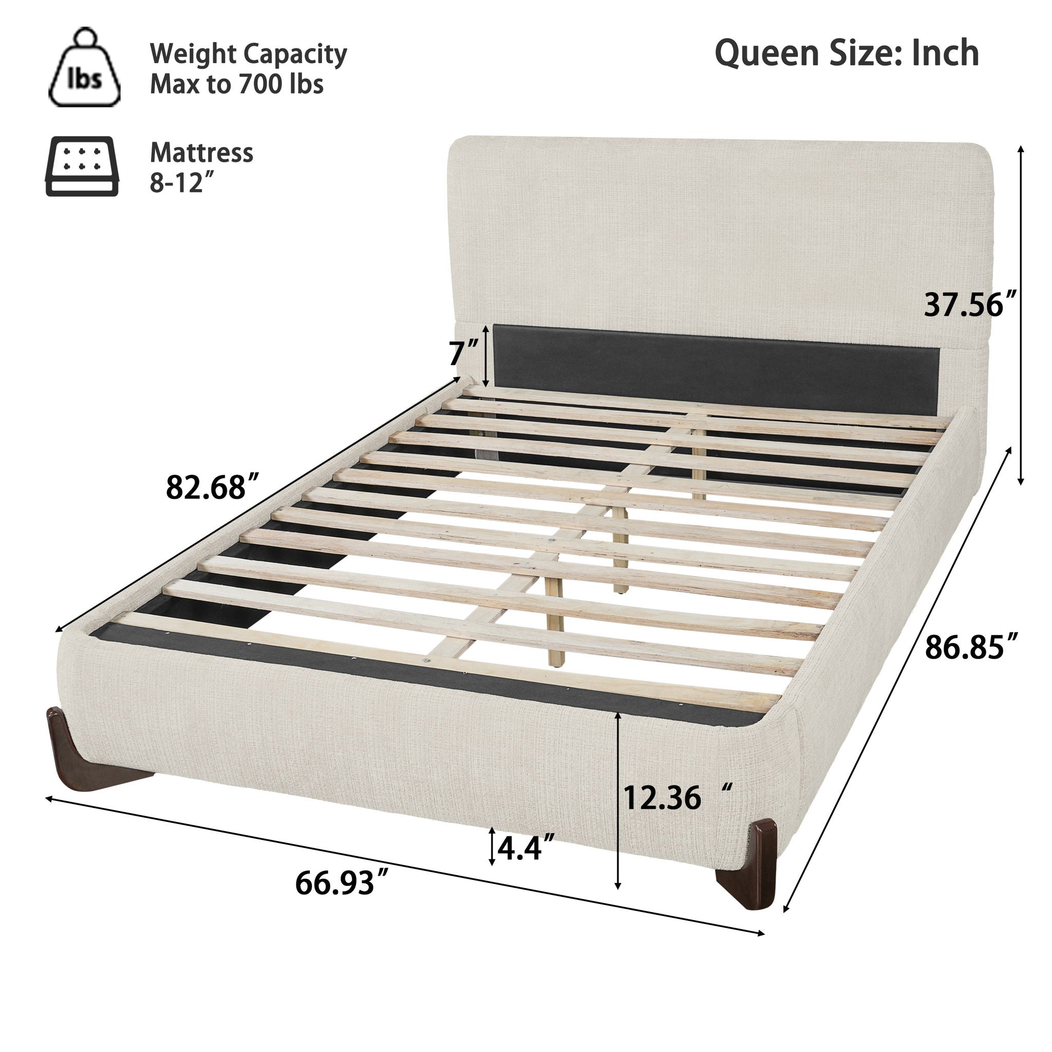 Queen Size Upholstered Bed With Slat Support - Beige