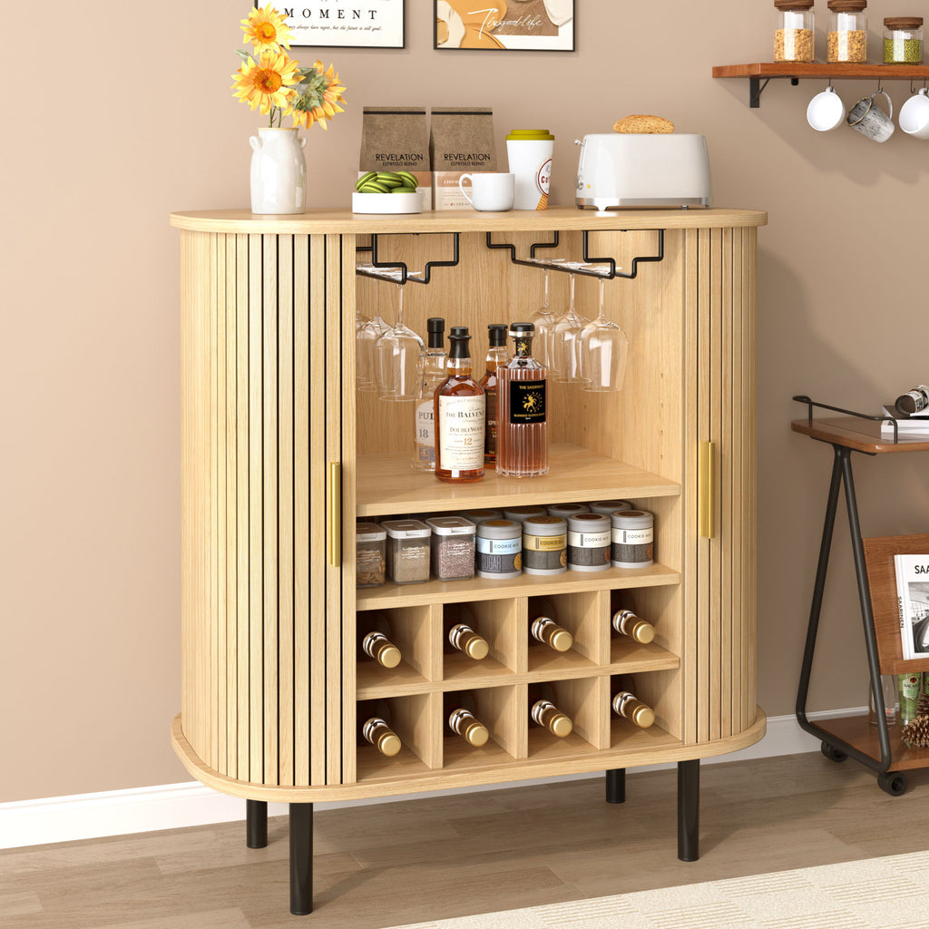 Fluted Wine Bar Cabinet With 8 Grid Wine Rack, 5 Level Adjustable Shelves, 2 Glass Holders
