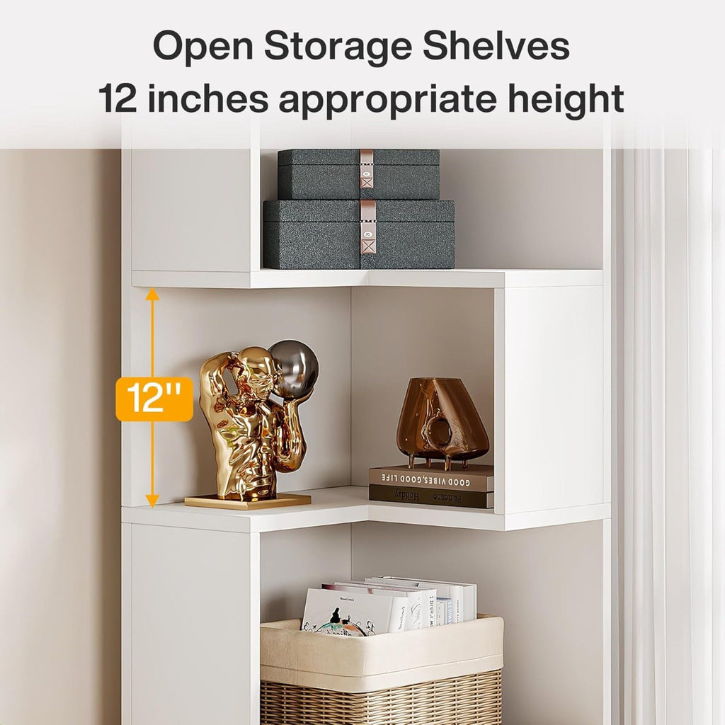 Corner Bookshelf With 2 Drawers, 5 Tier Bookcase For Apartment - White