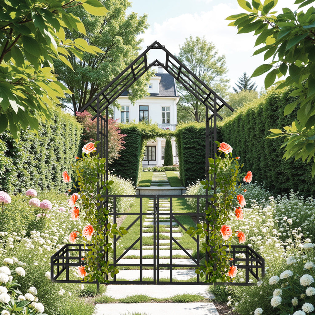 Garden Arch With Gate With Planter, Climbing Plants Support Outdoor - Black