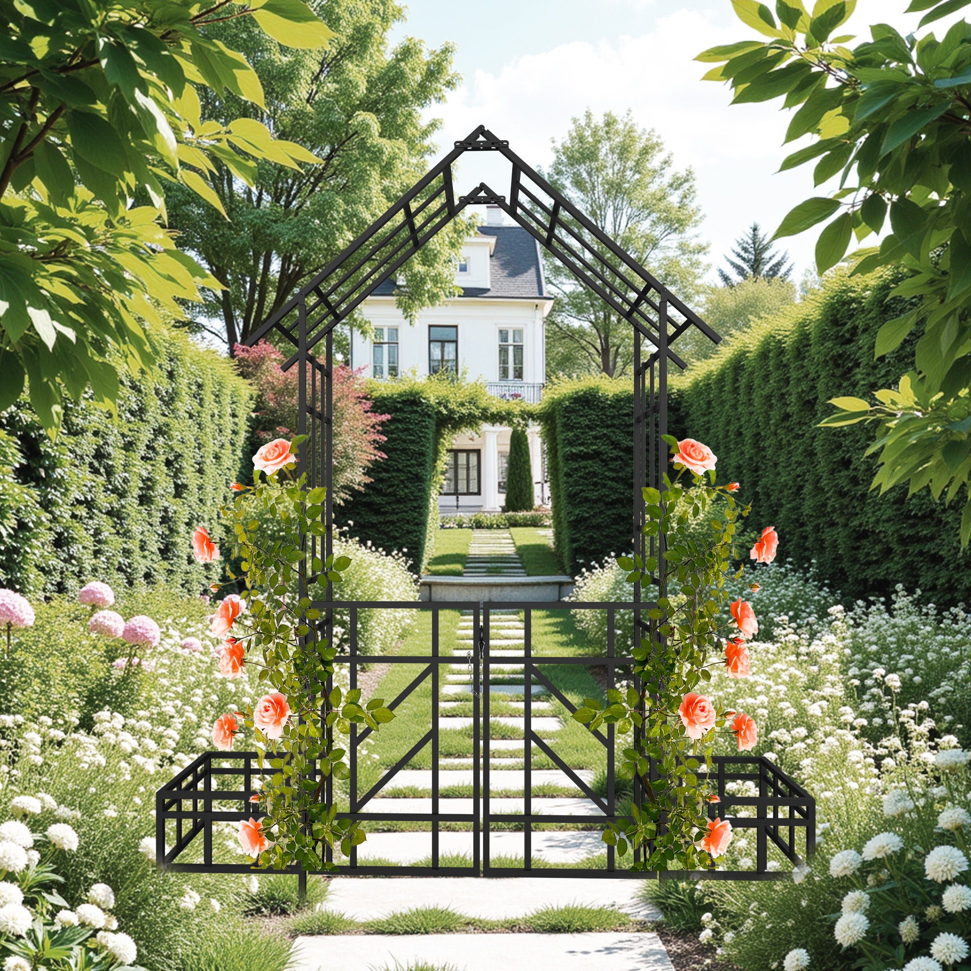 Garden Arch With Gate With Planter, Climbing Plants Support Outdoor - Black
