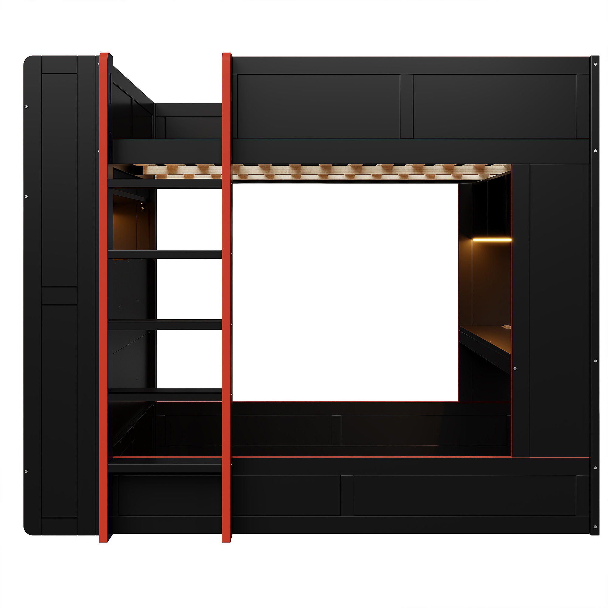 Full Size Gaming Bunk Bed With Desk, Storage Shelves, LED And Charging Station - Black