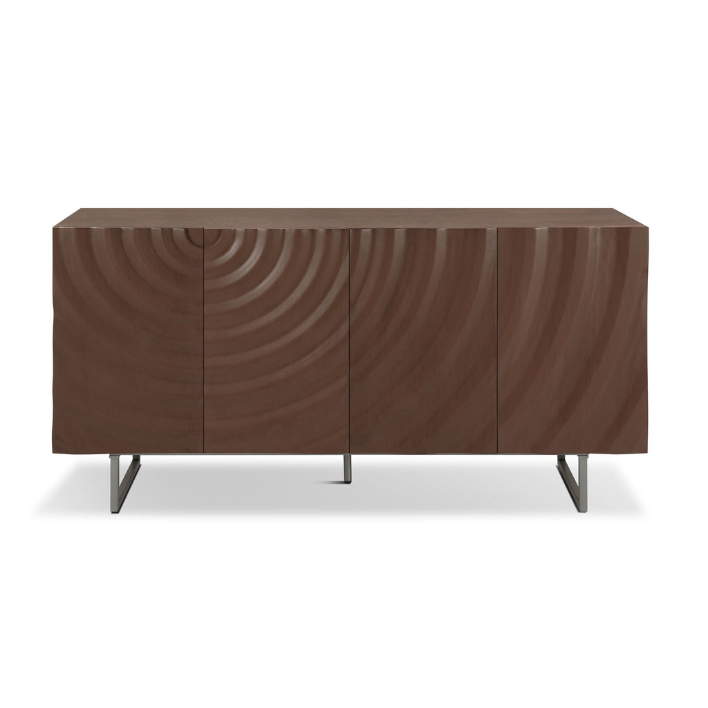 Modern Sculptural Sideboard, Ripple Doors, Adjustable Shelves, Metal Legs - Brown / Silver