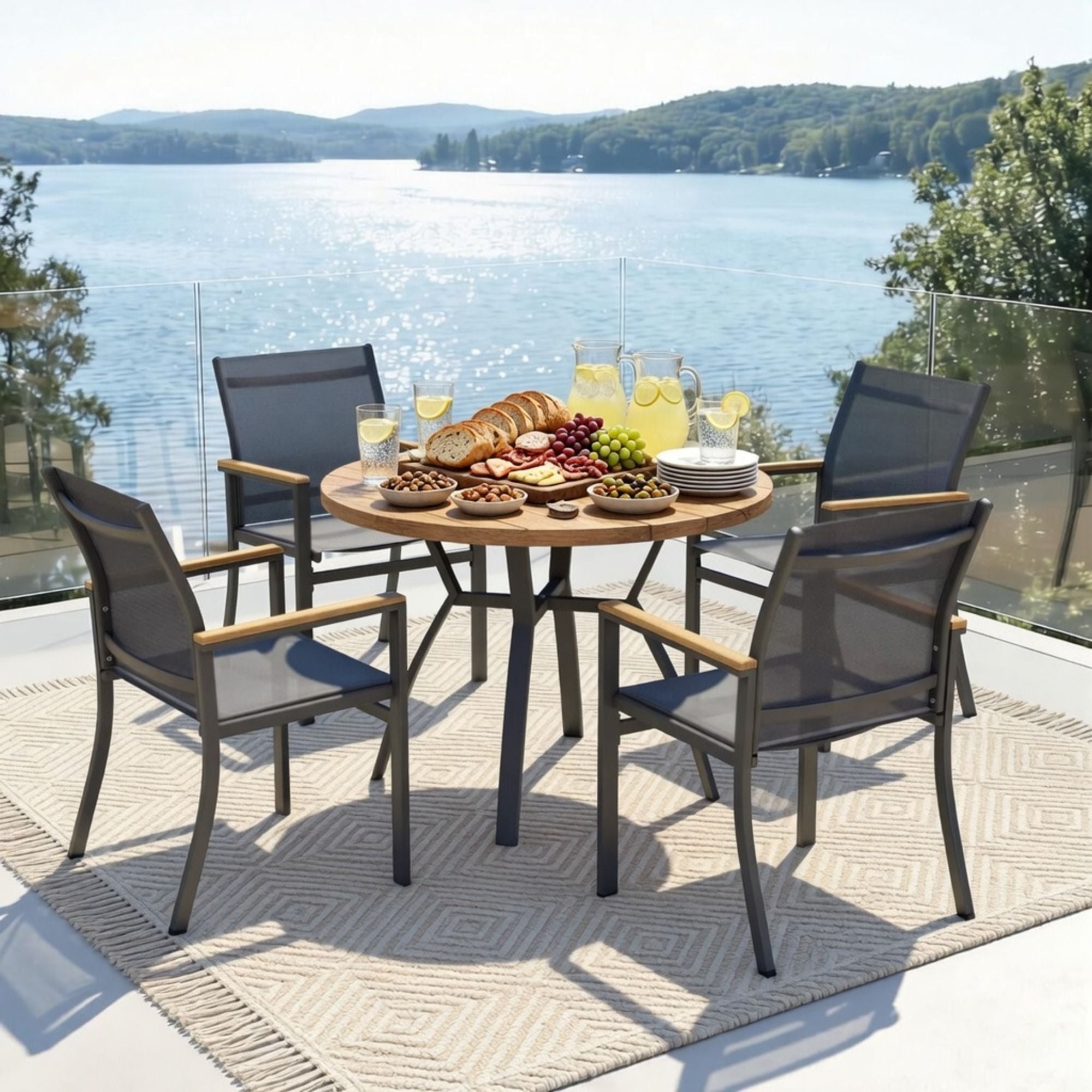 Gray Aluminum Patio Dining Set With Textilene Chairs, 5 Piece All Weather Round Table And 4 Seater For Garden, Deck, Or Porch
