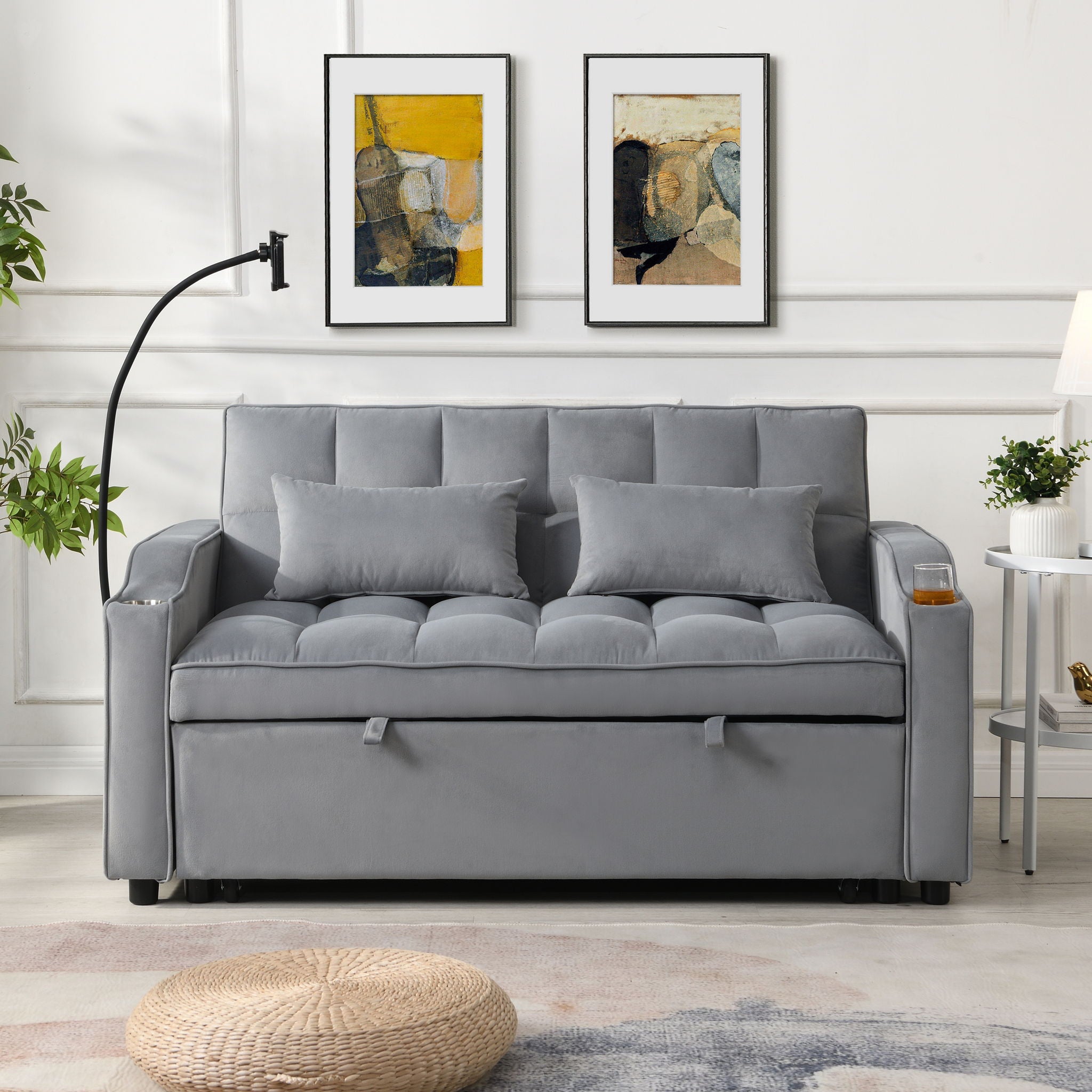 Modern Loveseat With Pullout Bed, Adjustable Reclining Backrest