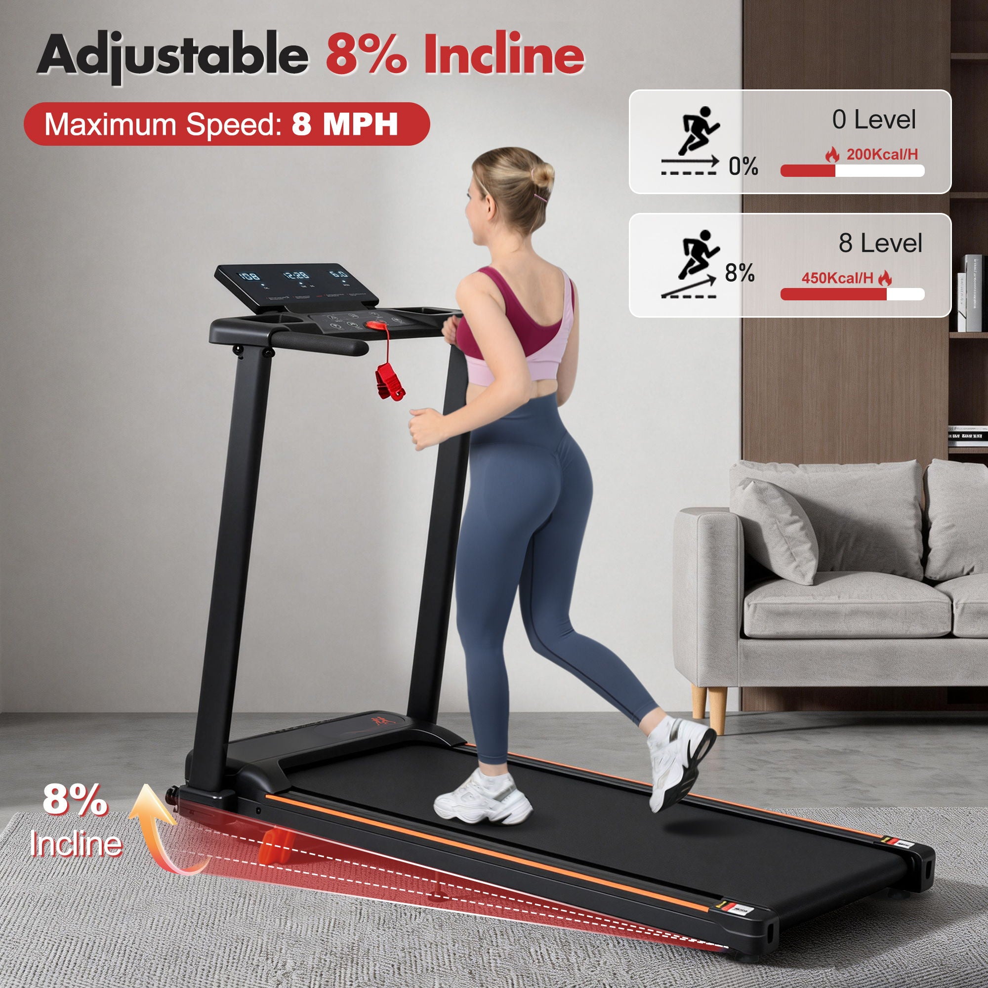 Treadmill With 8% Incline, Portable Treadmills For Home - Black