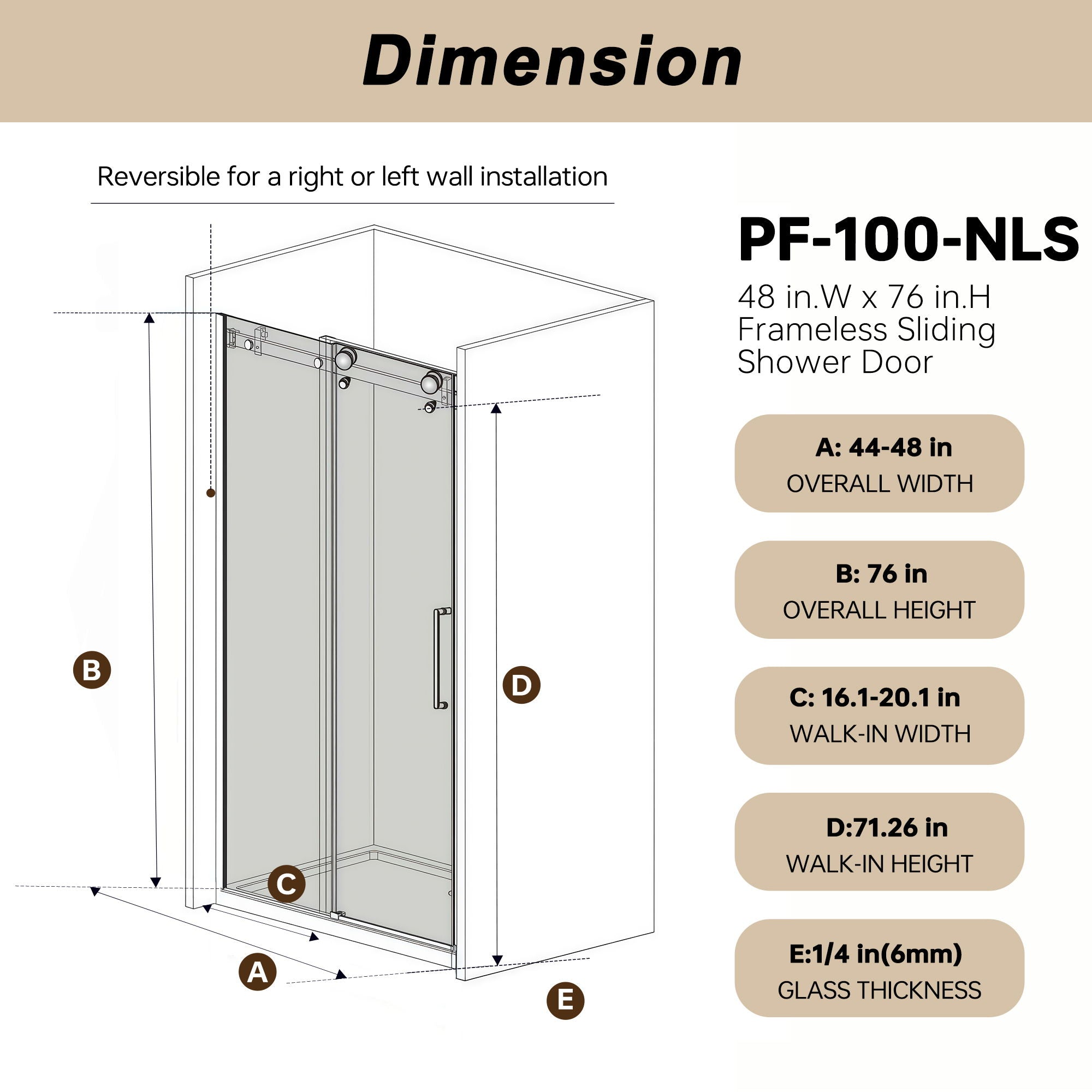 Frameless Single Sliding Shower Door & Handle And Square Tube Track