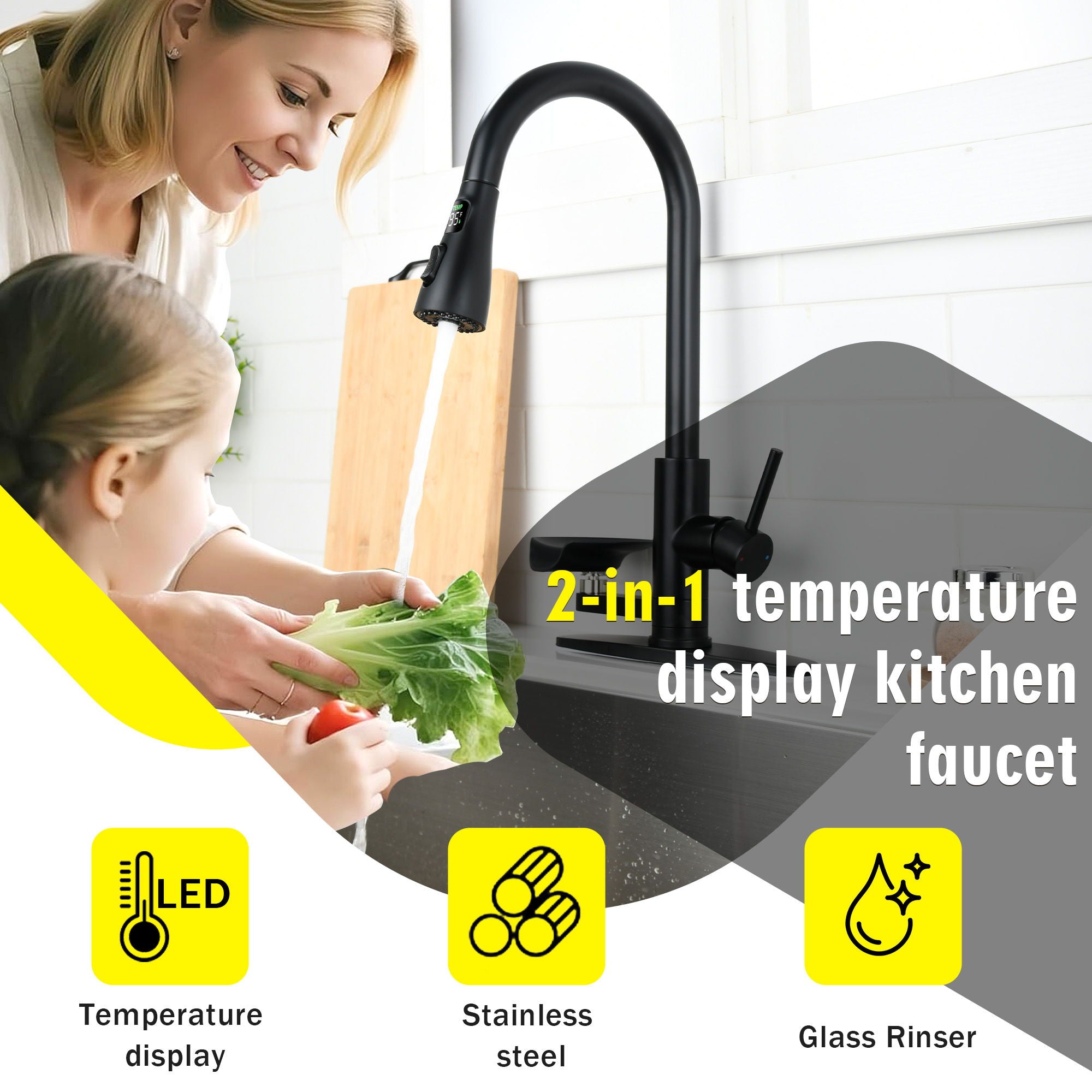 3 In 1 Kitchen Faucet With LED Temperature Display, Pull Down Sprayer