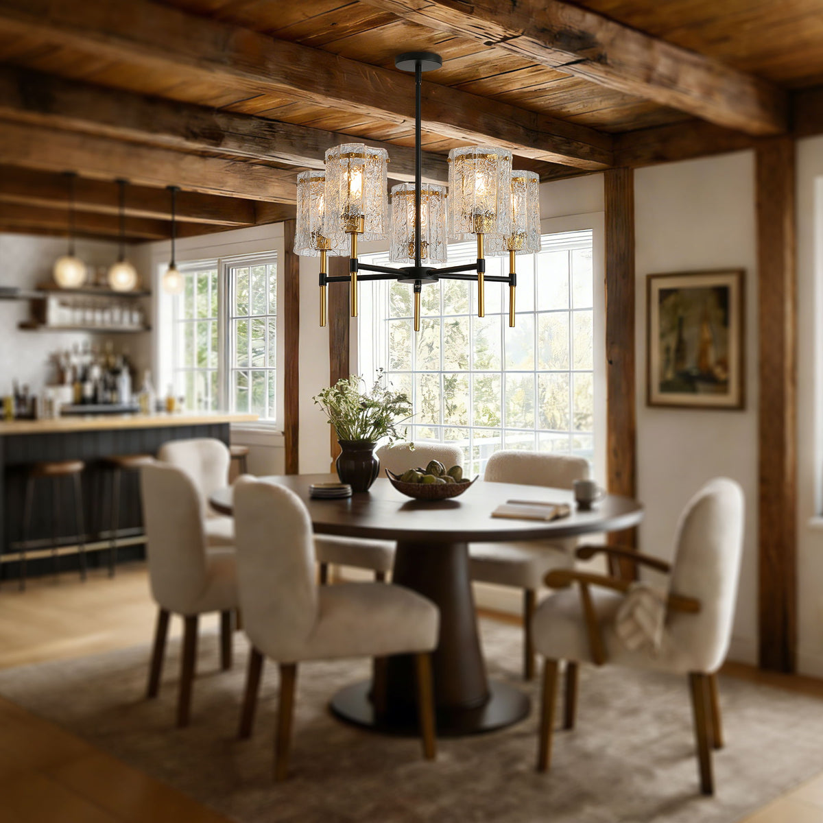 5 Light Chandelier, Textured Glass Pendant Light, (Not Including The Bulb) For Living Room - Black / Gold