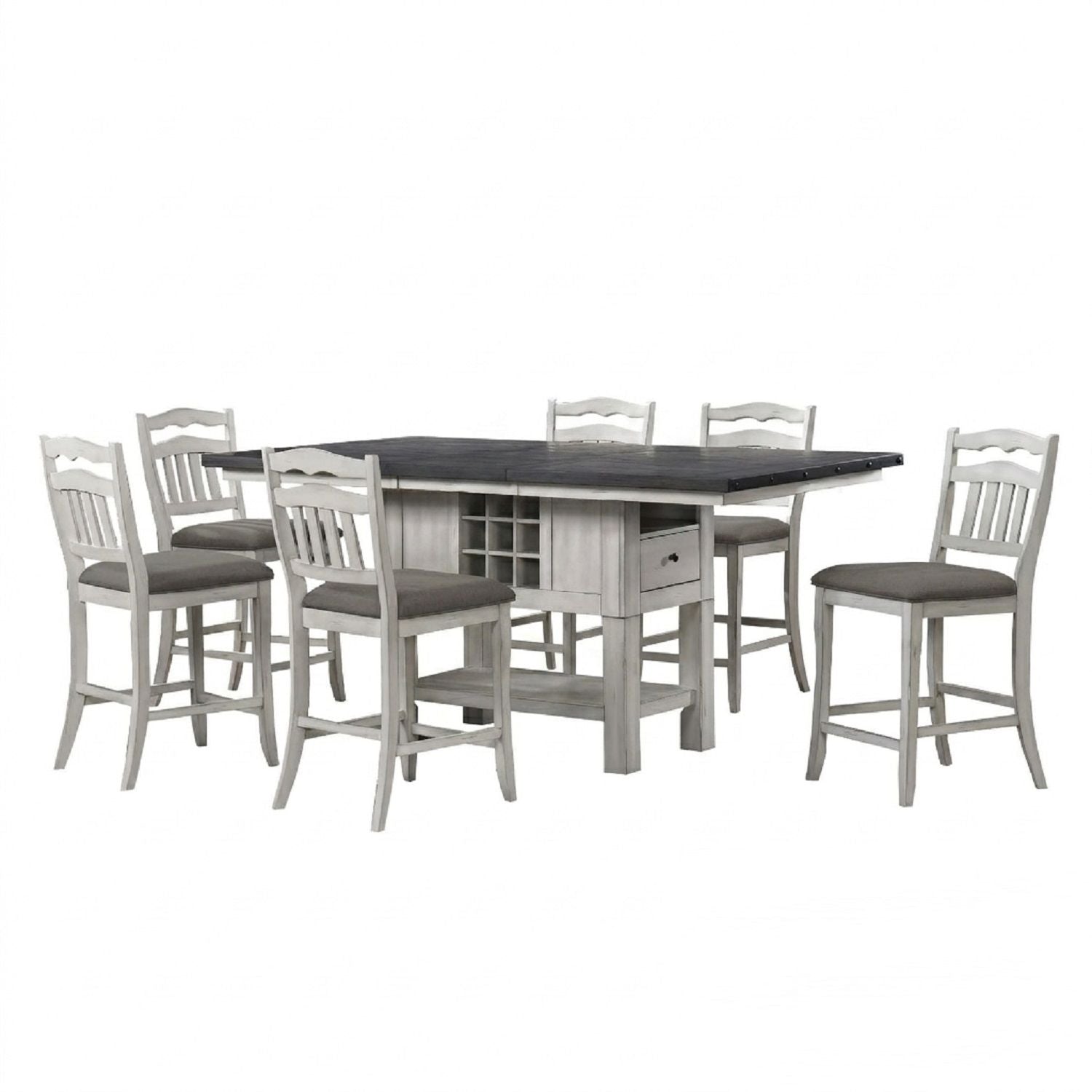 7 Piece Counter Height Dining Set With Storage Base And Ladder Back Chairs - Antique White / Gray