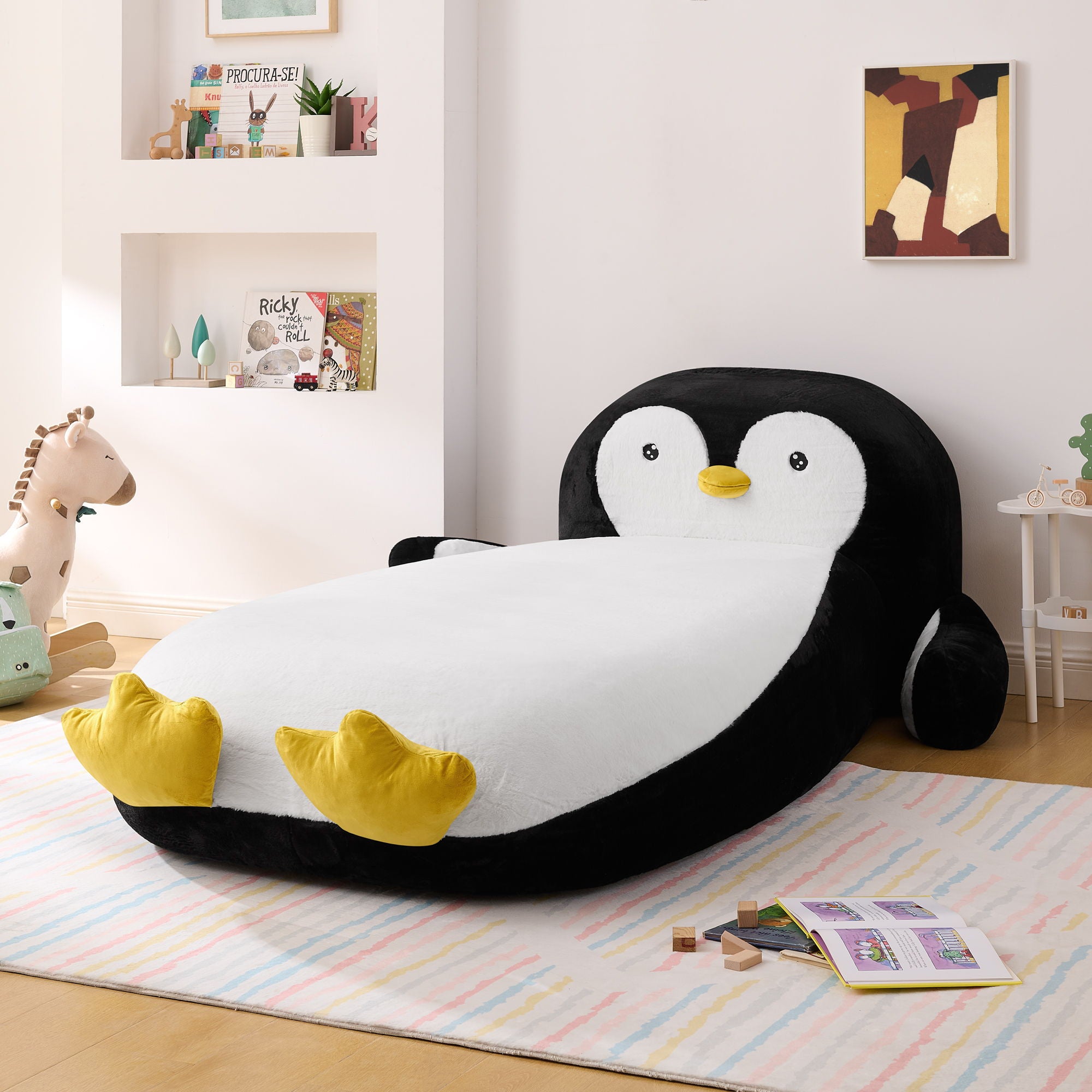 Twin Size Penguin Shaped Bed, Lounger Chair For Kids Bedroom - White / Black