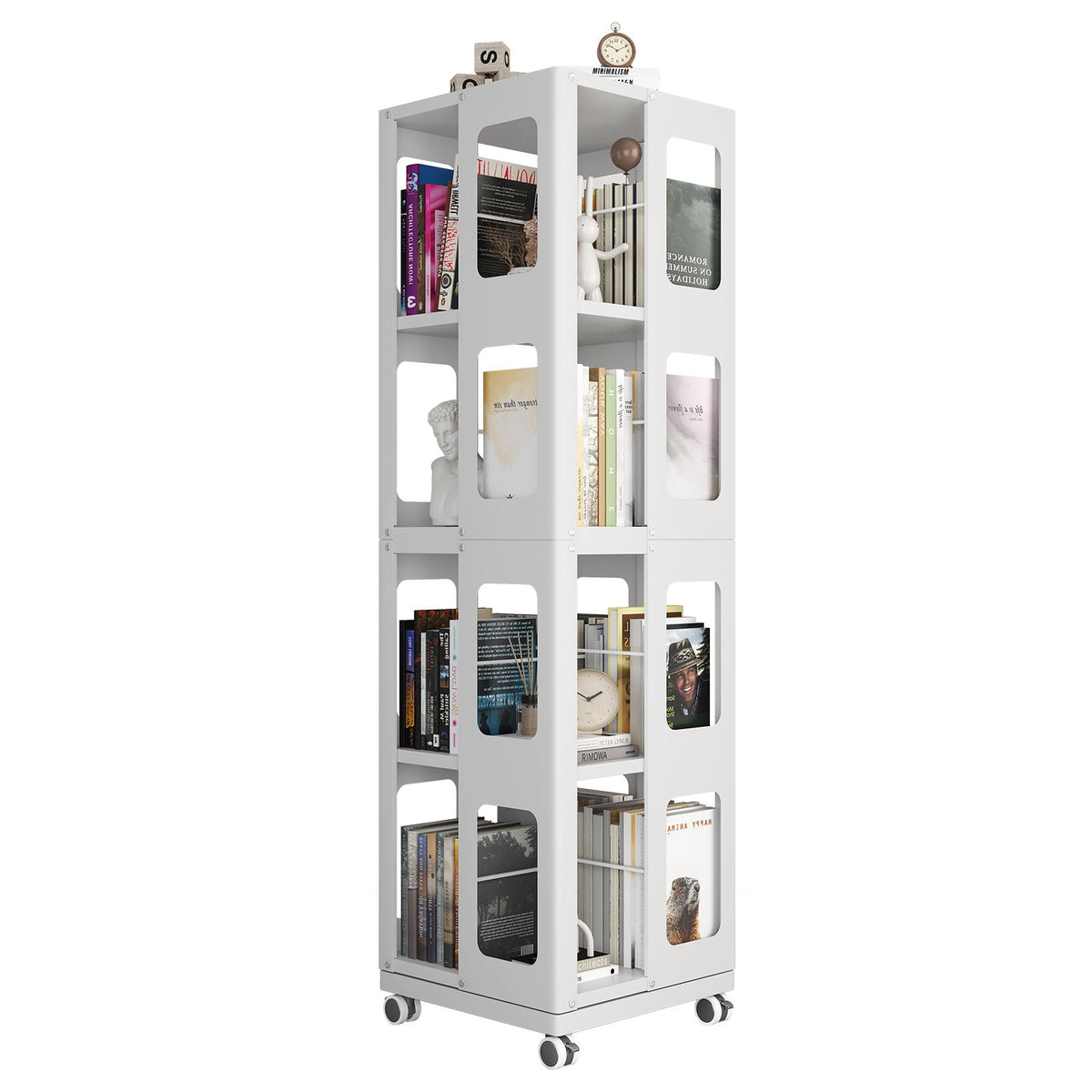 4 Tier All Steel Rotating Bookshelf With 360° Wheels, Large Size Sturdy & Spacious Book Rack, New Style Bookshelf - White