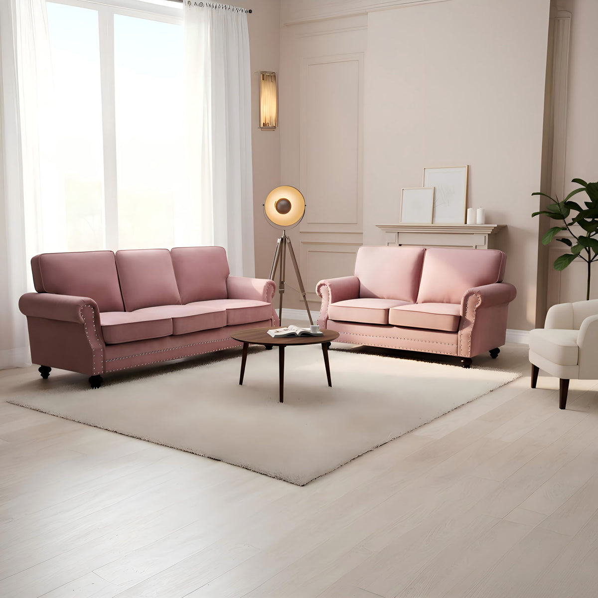 3 Seater Sofa With Nailhead Trim And Turned Legs For Living Room