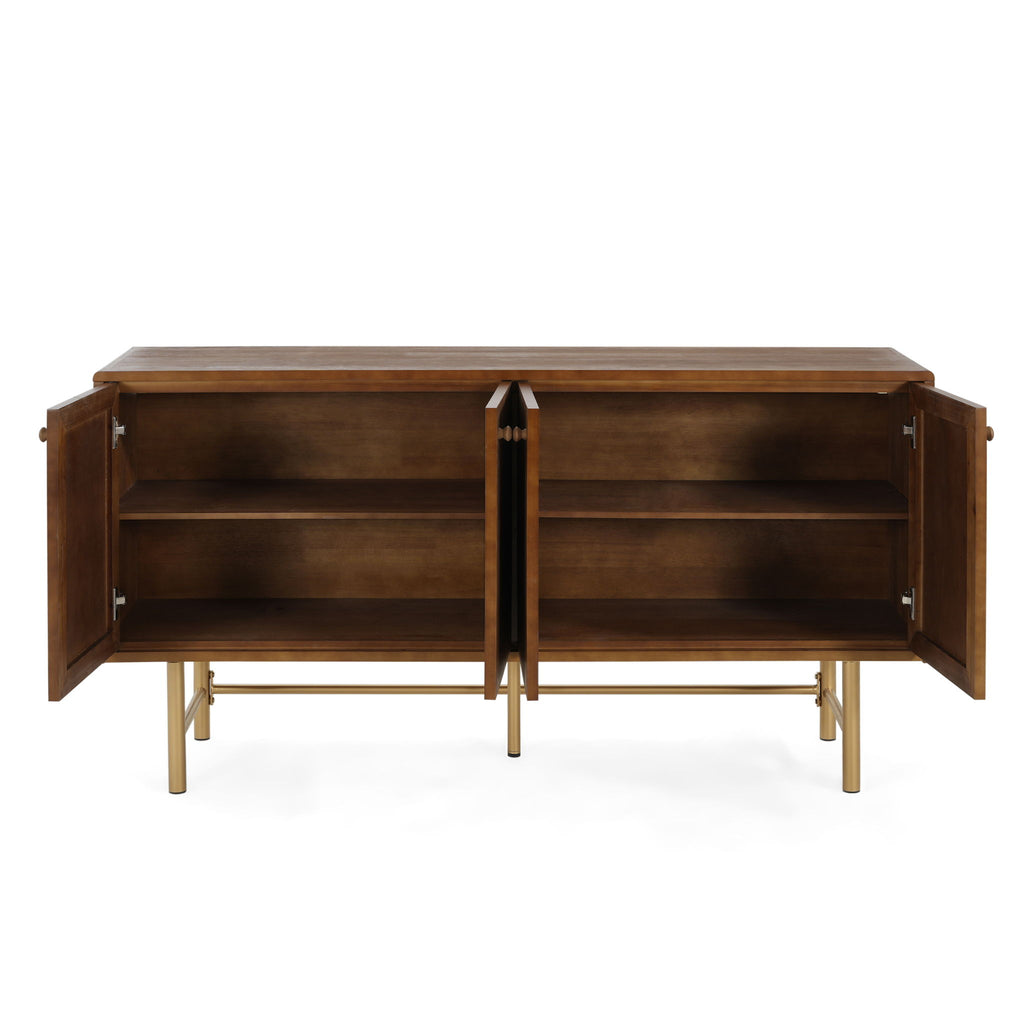 Modern Scandinavian 4 Door Sideboard Storage Cabinet With Adjustable Shelves - Brown / Gold