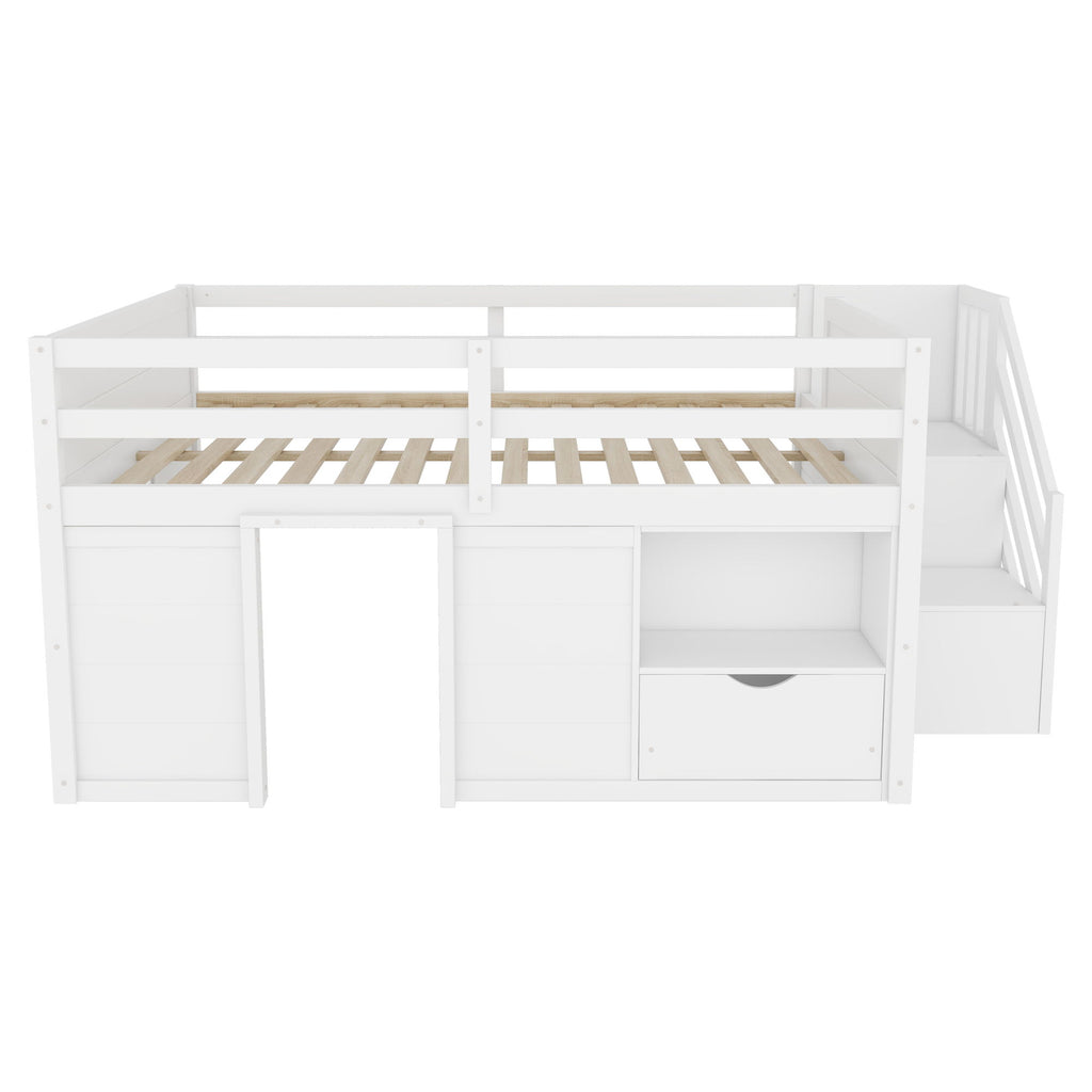 Low Loft Bed Frame With Built In Stairs, Storage Drawer, Shelf And 7 Color LED Light