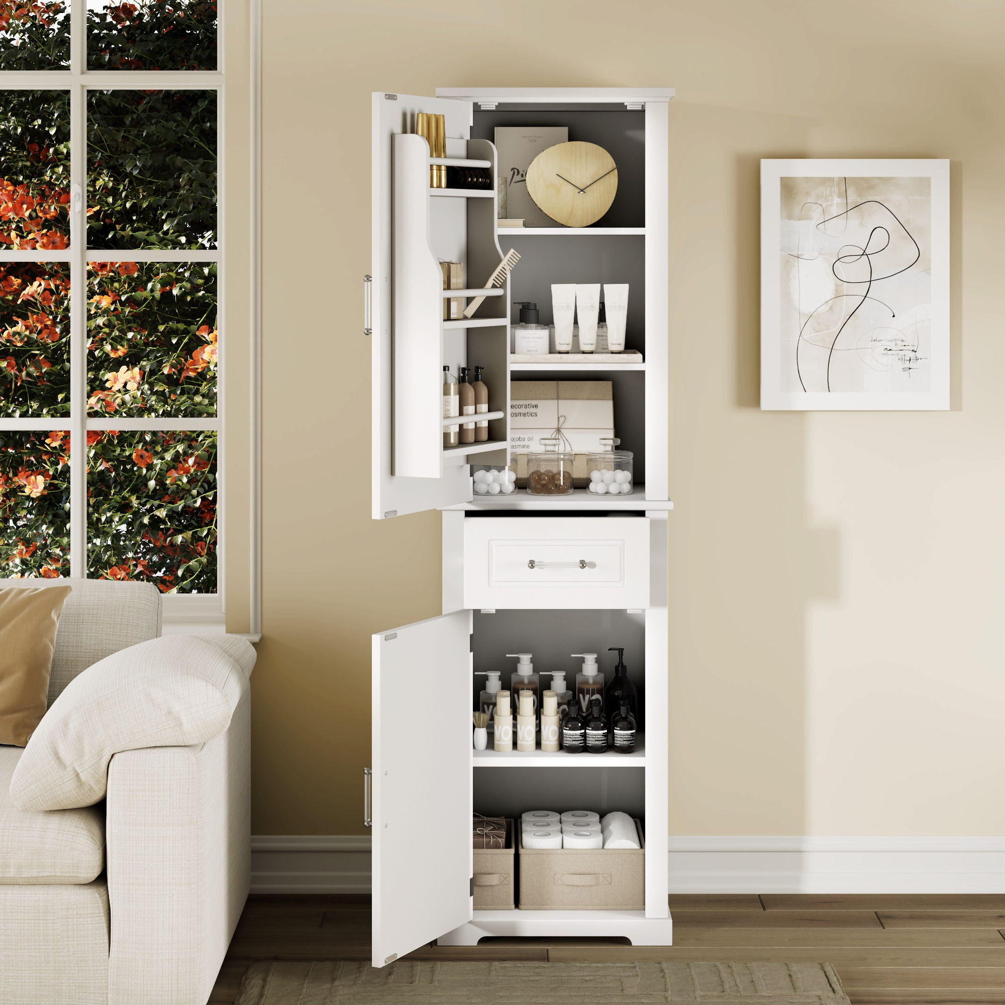 Tall Freestanding Bathroom Storage Cabinet With Adjustable Shelf, 2 Door Design