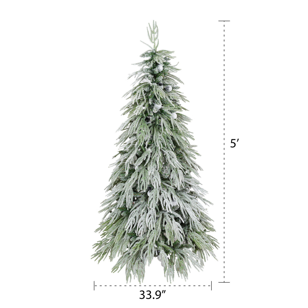 5Ft Pre Lit Spruce Snow Flocked Christmas Tree With LED Lights, Artificial Hinged Xmas Tree - White / Green