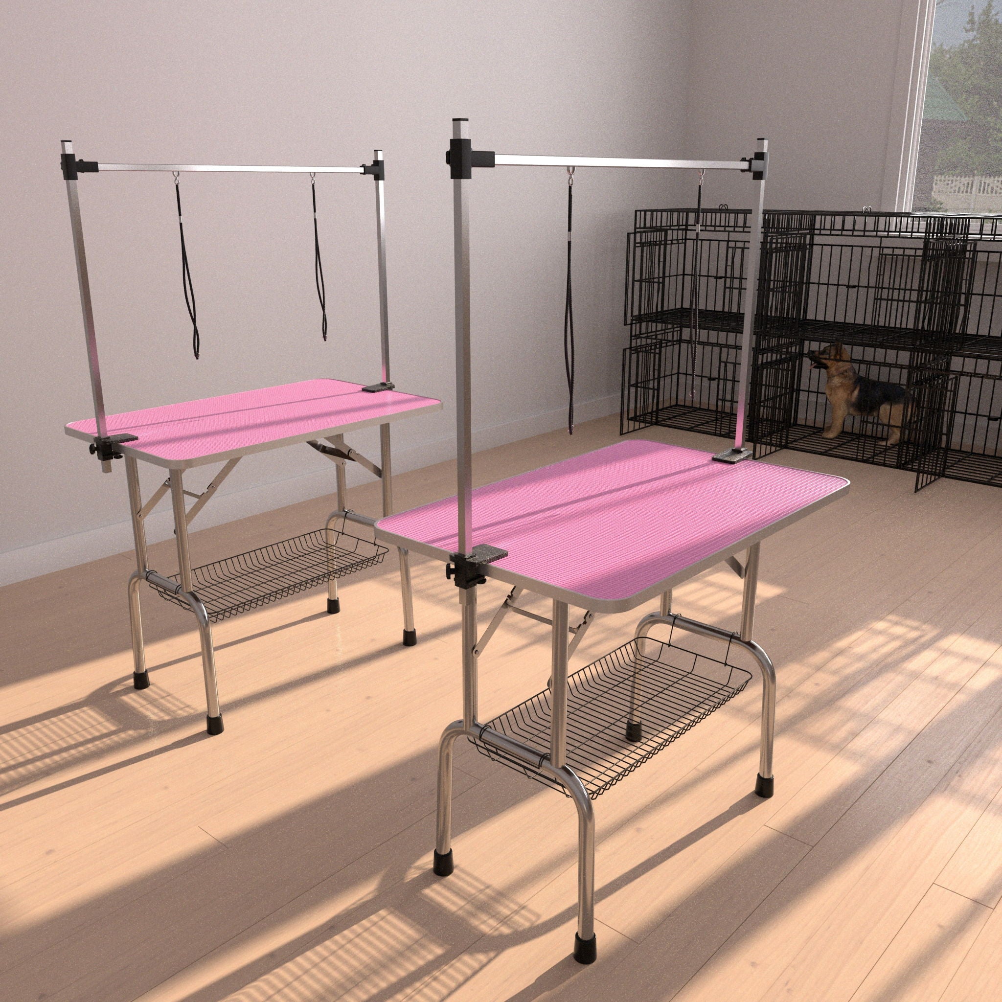 Folding Dog Pet Grooming Table Stainless Steel Frame Rubber Mat On Board With Adjustable Arm And Clamps Pet Dog Cat Grooming Table
