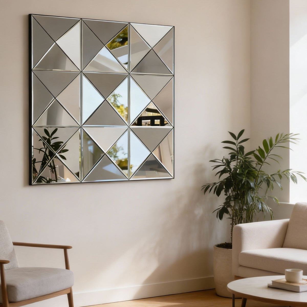 3D Beveled Wall Mirror With Frame, Large Square Design For Living Room - Silver