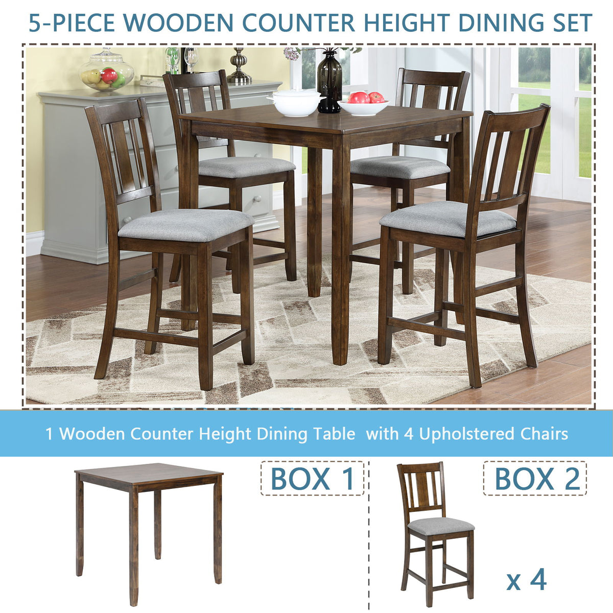 5 Pieces Dining Table Set, Counter Height Kitchen Table Set With Square Table And 4 Upholstered Chairs