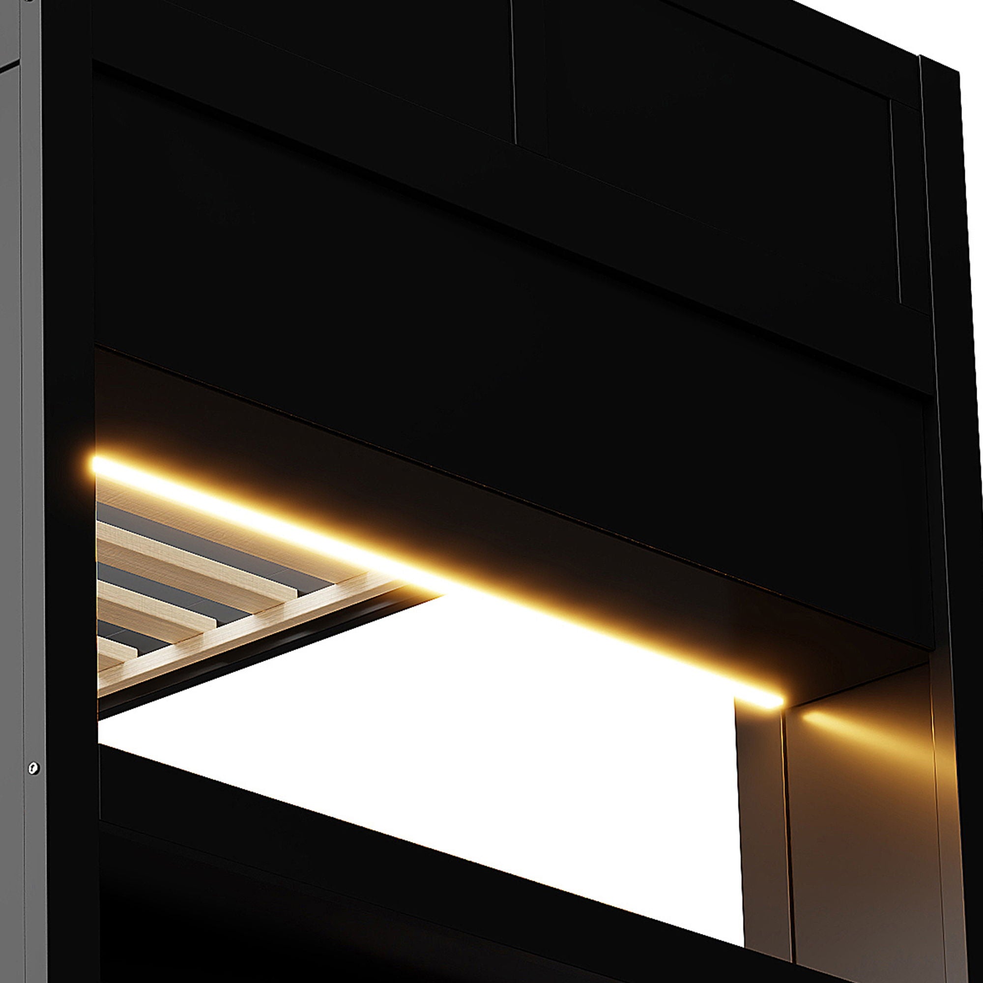 Full Size Gaming Bunk Bed With Desk, Storage Shelves, LED And Charging Station - Black