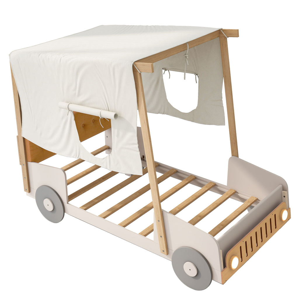 Twin Size Car Bed With Pillow, Ceiling Cloth And LED - Natural