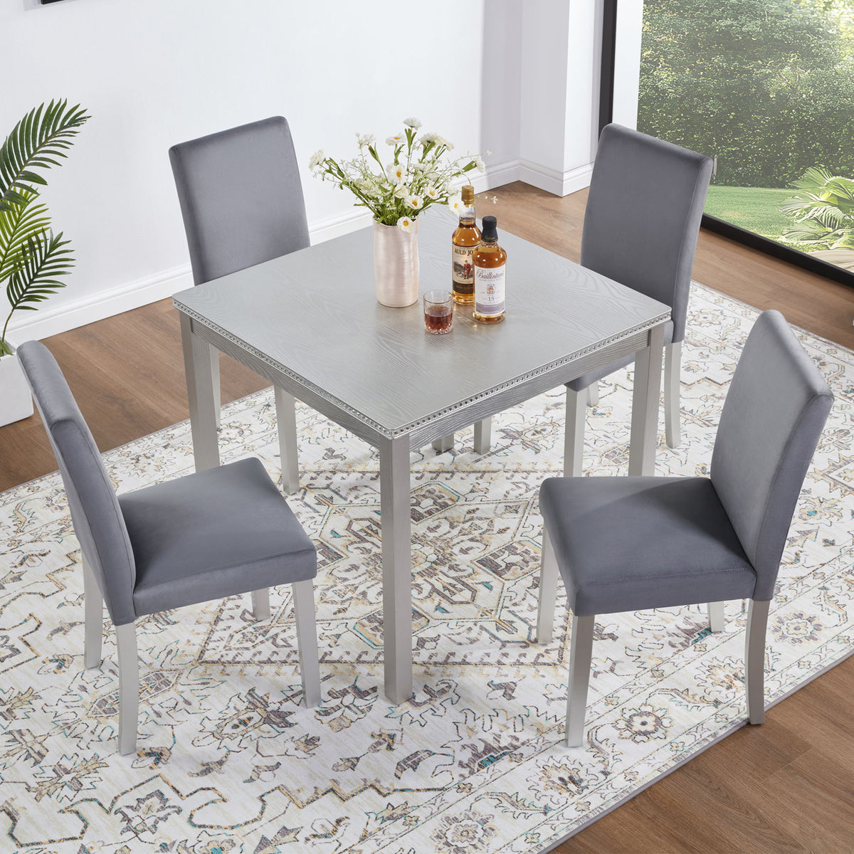 5 Pieces Wooden Dining Table Set, Square Table And 4 Upholstered Chairs