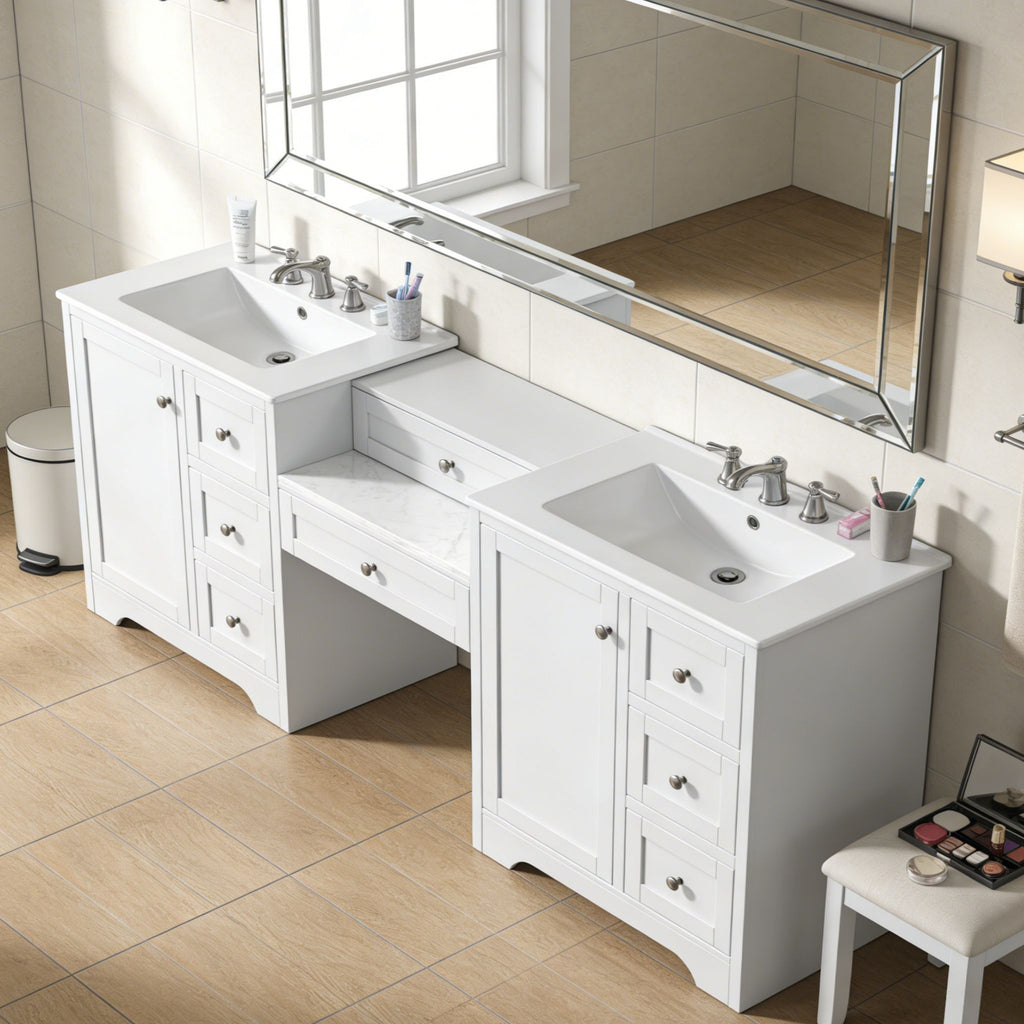Double Sink Bathroom Vanity With Countertop, 2 Ceramic Sinks, 6 Drawers, Soft Close Design