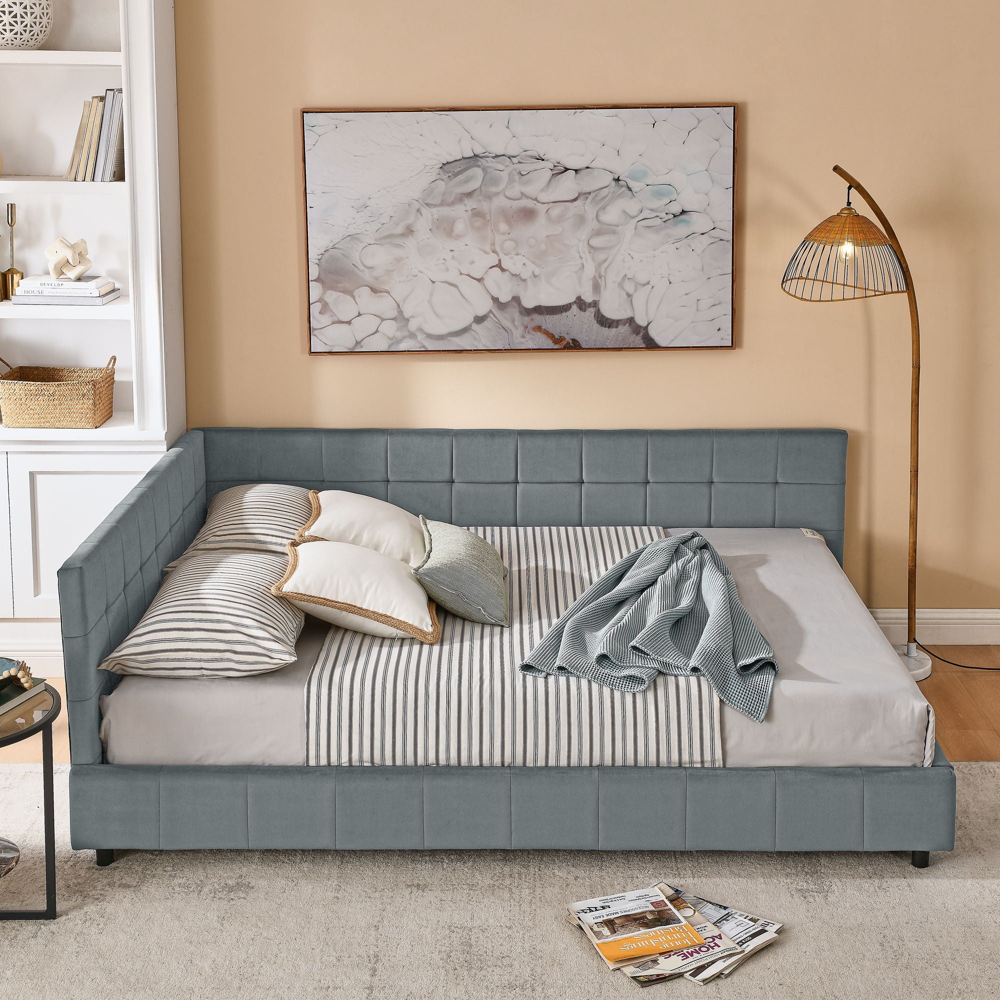 Elegant Storage Upholstered Tufted Bed Frame With Backrest And Armrests