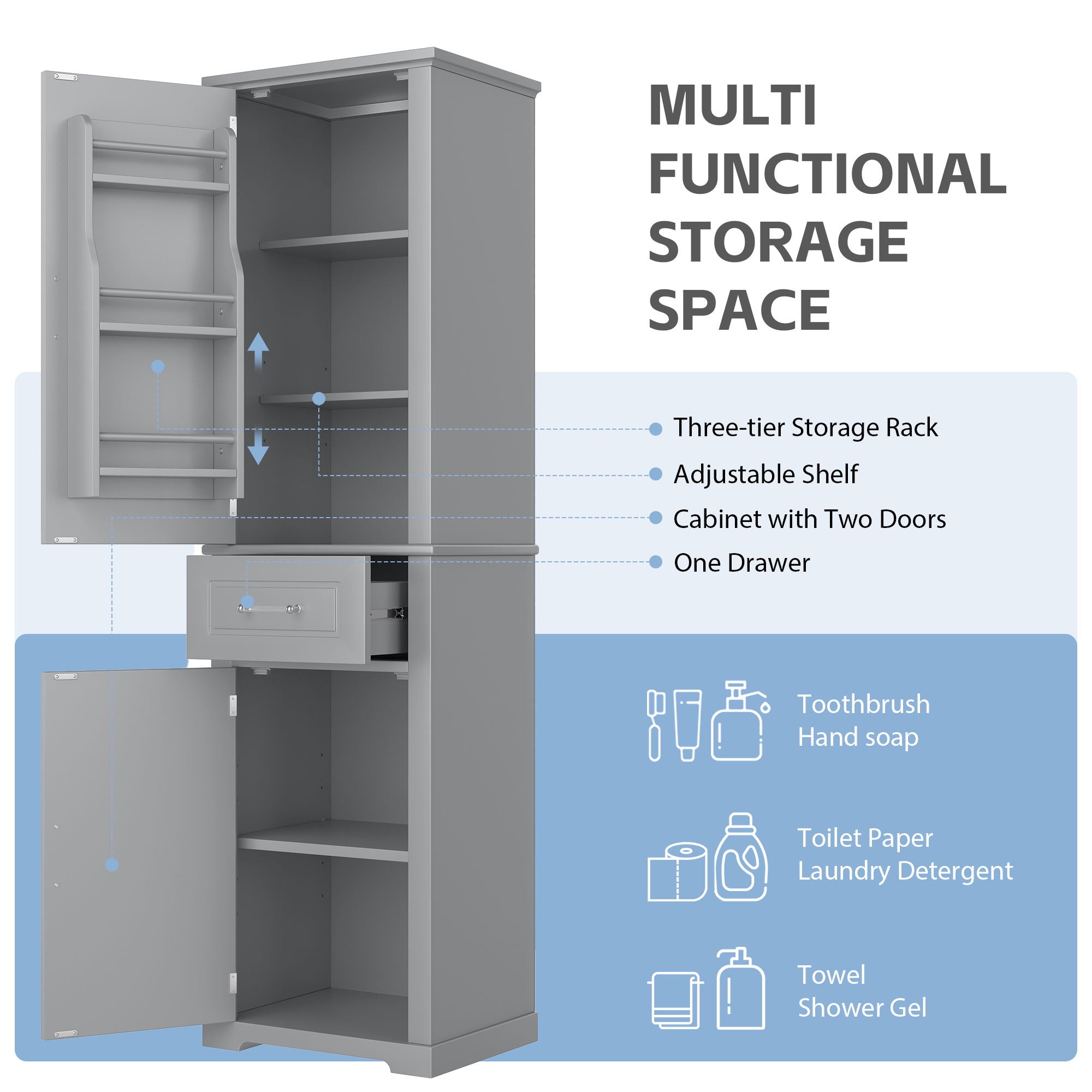 Tall Freestanding Bathroom Storage Cabinet With Adjustable Shelf, 2 Door Design