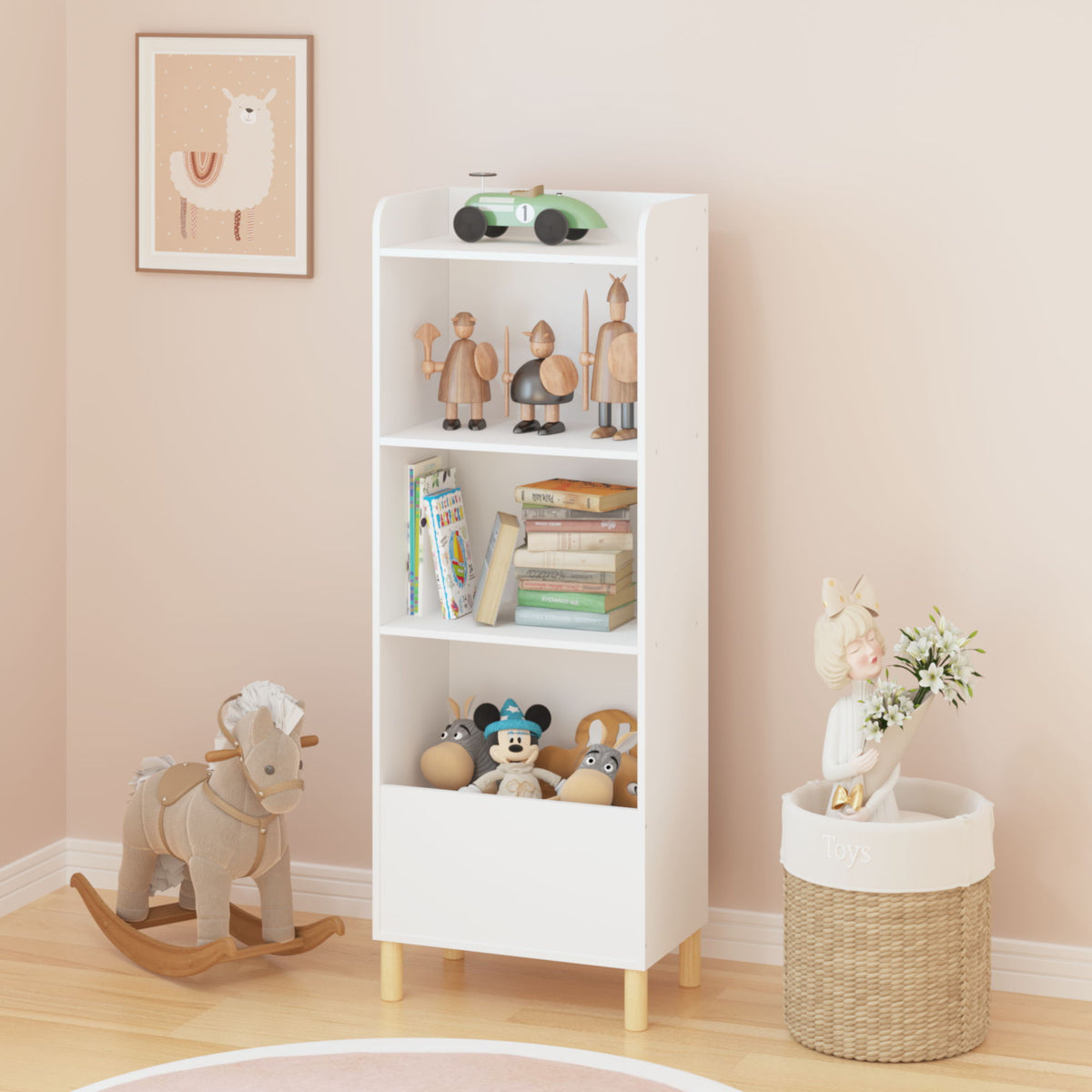 4 Tier Bookcase, Book Display With Safety Restraint, Storage Cabinet For Playroom - White