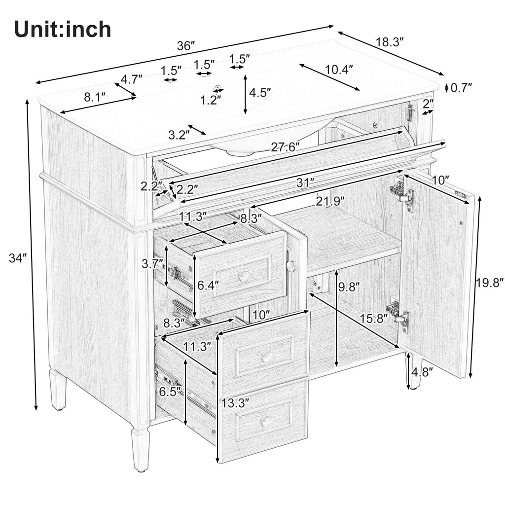 Bathroom Vanity With Sink, 3 Drawers & 2 Doors