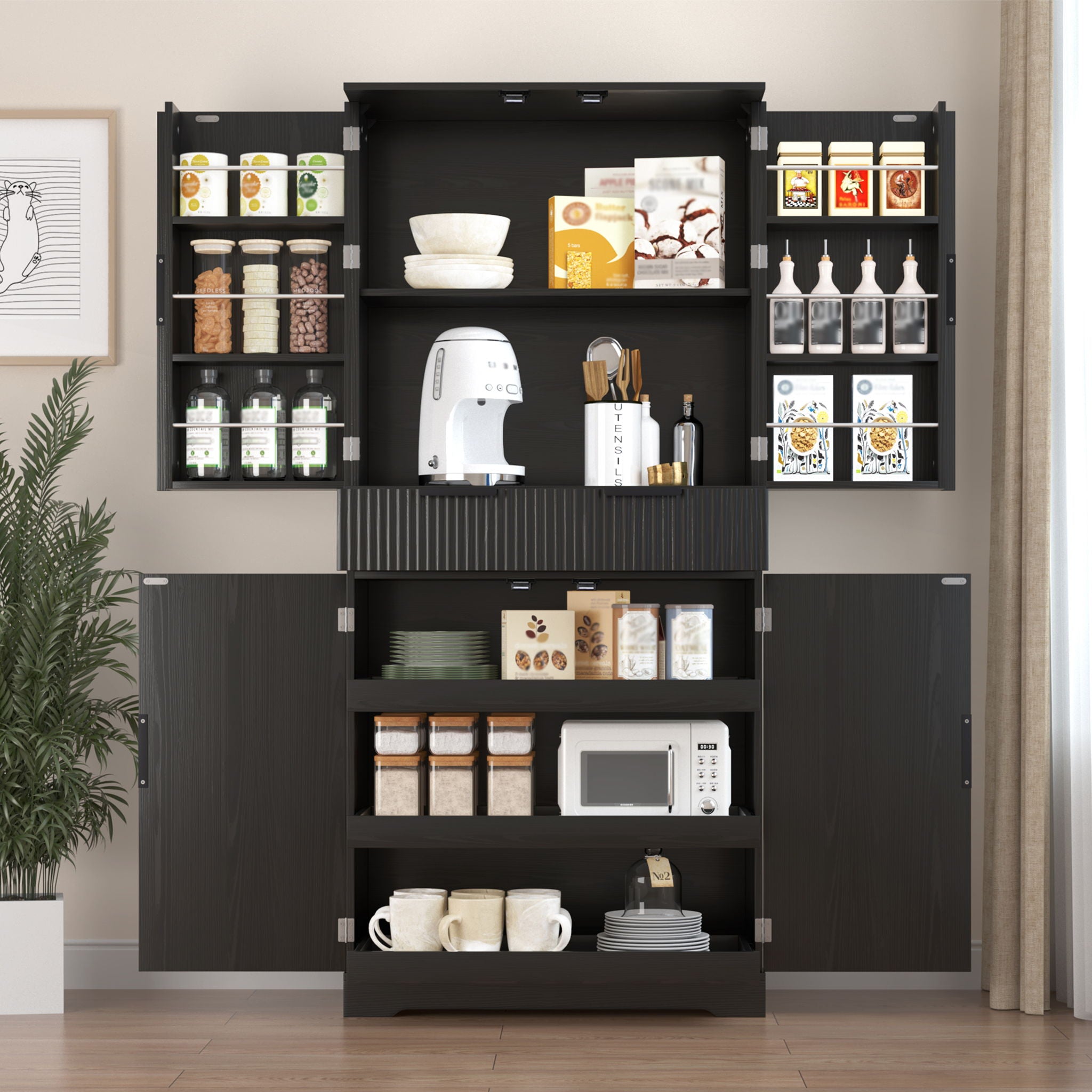 Fluted Kitchen Pantry Cabinet With 3 Keyboard Drawers & 6 Adjustable Door Shelves