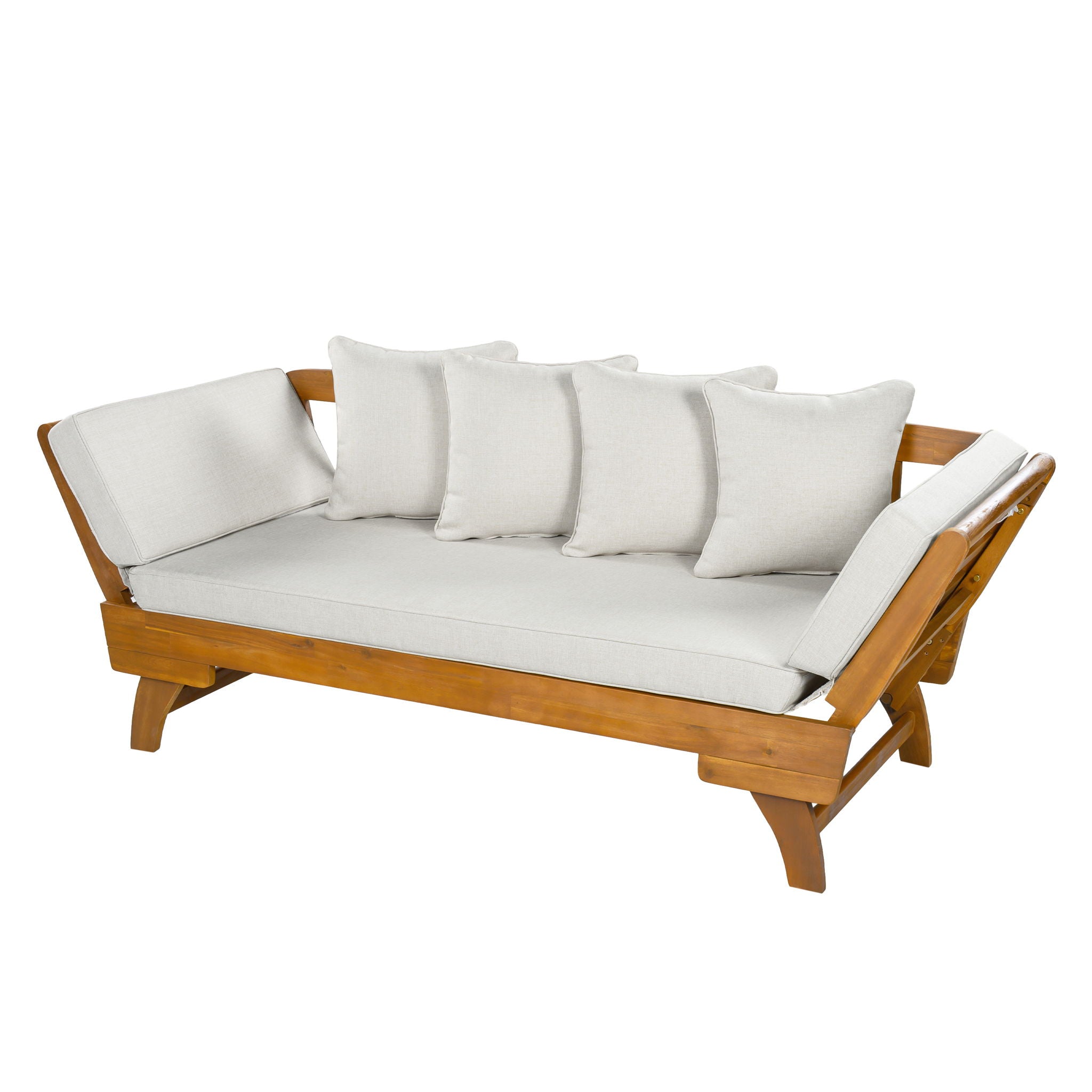 Outdoor Patio Daybed Sofa With Foldable Arm, 3 Seat With 4 Back Pillows - Beige / Teak