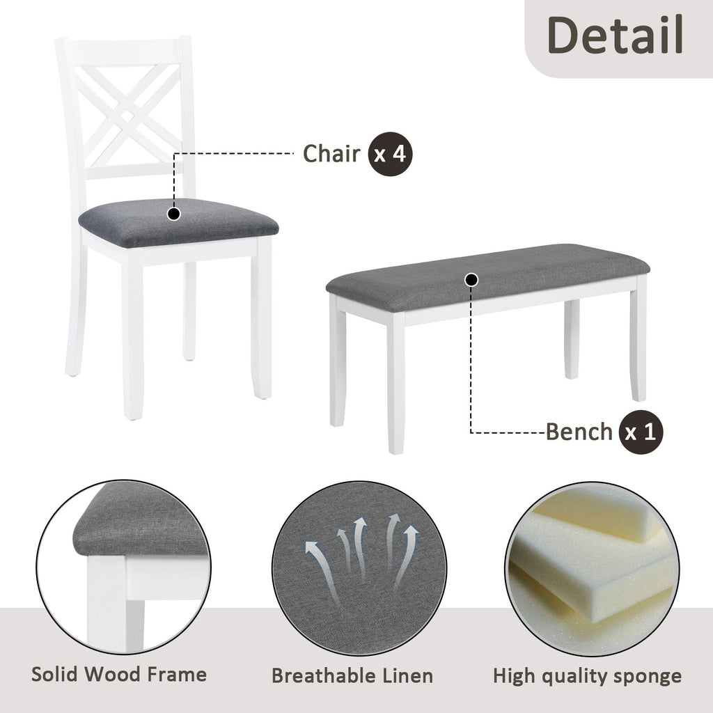 6 Piece Kitchen Dining Set, Rectangular Dining Table With 4 Upholstered Chairs And Bench - Gray / White