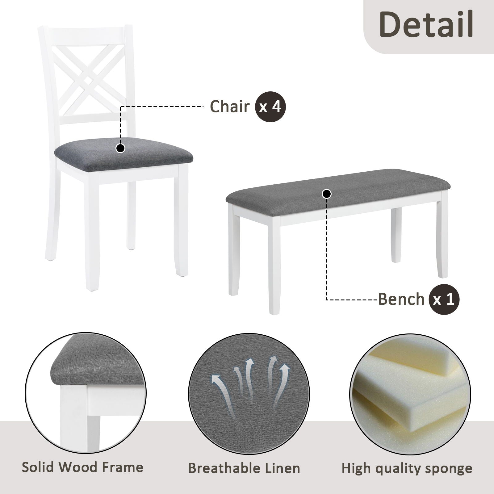 6 Piece Kitchen Dining Set, Rectangular Dining Table With 4 Upholstered Chairs And Bench - Gray / White