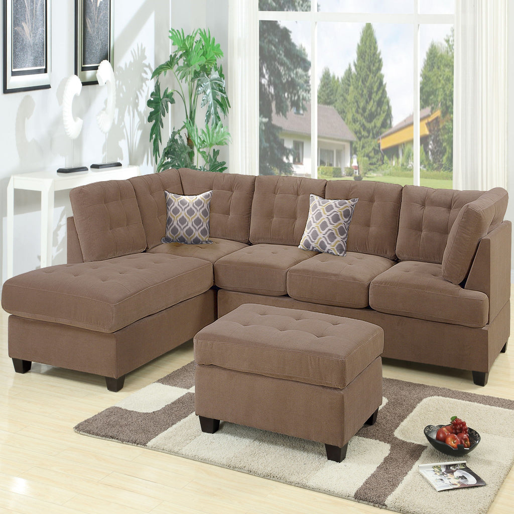 Truffle Waffle Suede Sectional Sofa With Tufted Cushions And Accent Pillows, Reversible Chaise - Neutral