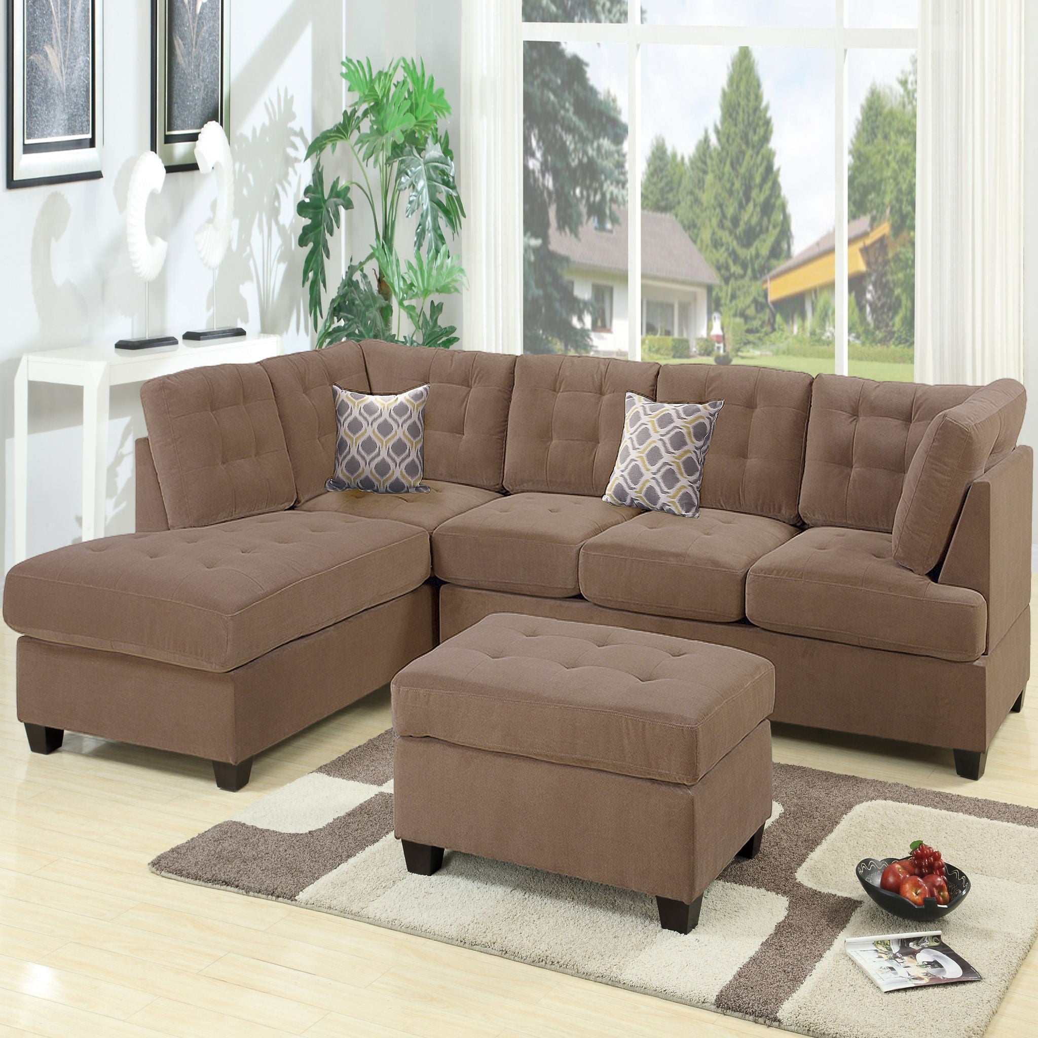 Truffle Waffle Suede Sectional Sofa With Tufted Cushions And Accent Pillows, Reversible Chaise - Neutral