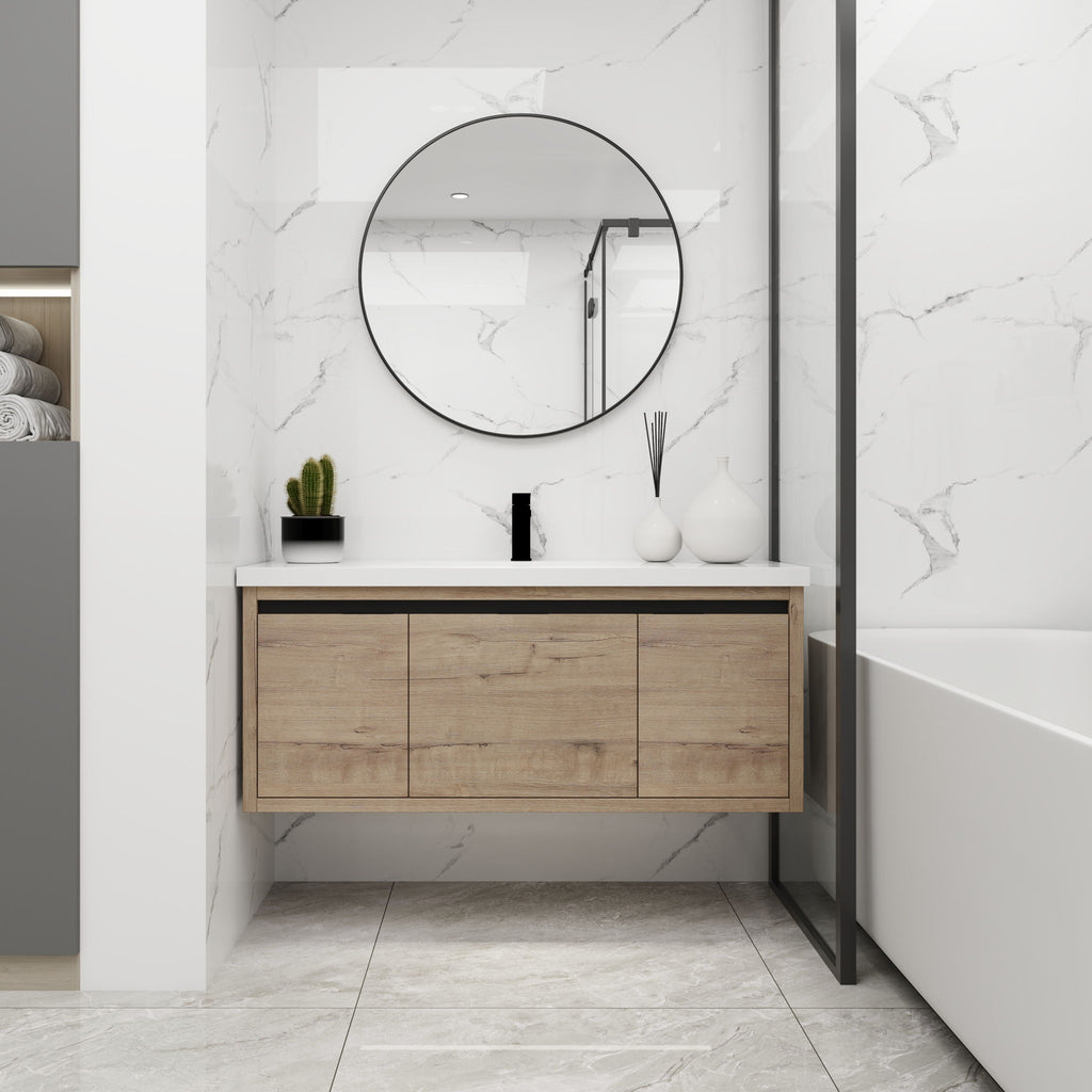 Modern Floating Bathroom Vanity Cabinet With Resin Sink Soft Close Doors And Drawer - Imitative Oak