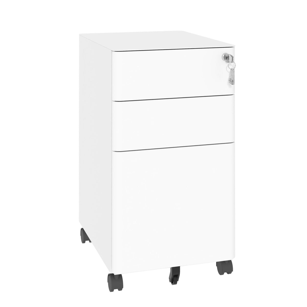 3-Drawer Mobile File Cabinet With Lock, On Wheels, Two Shallow & One Deep Drawer For Office/Home, Fully Assembled - White