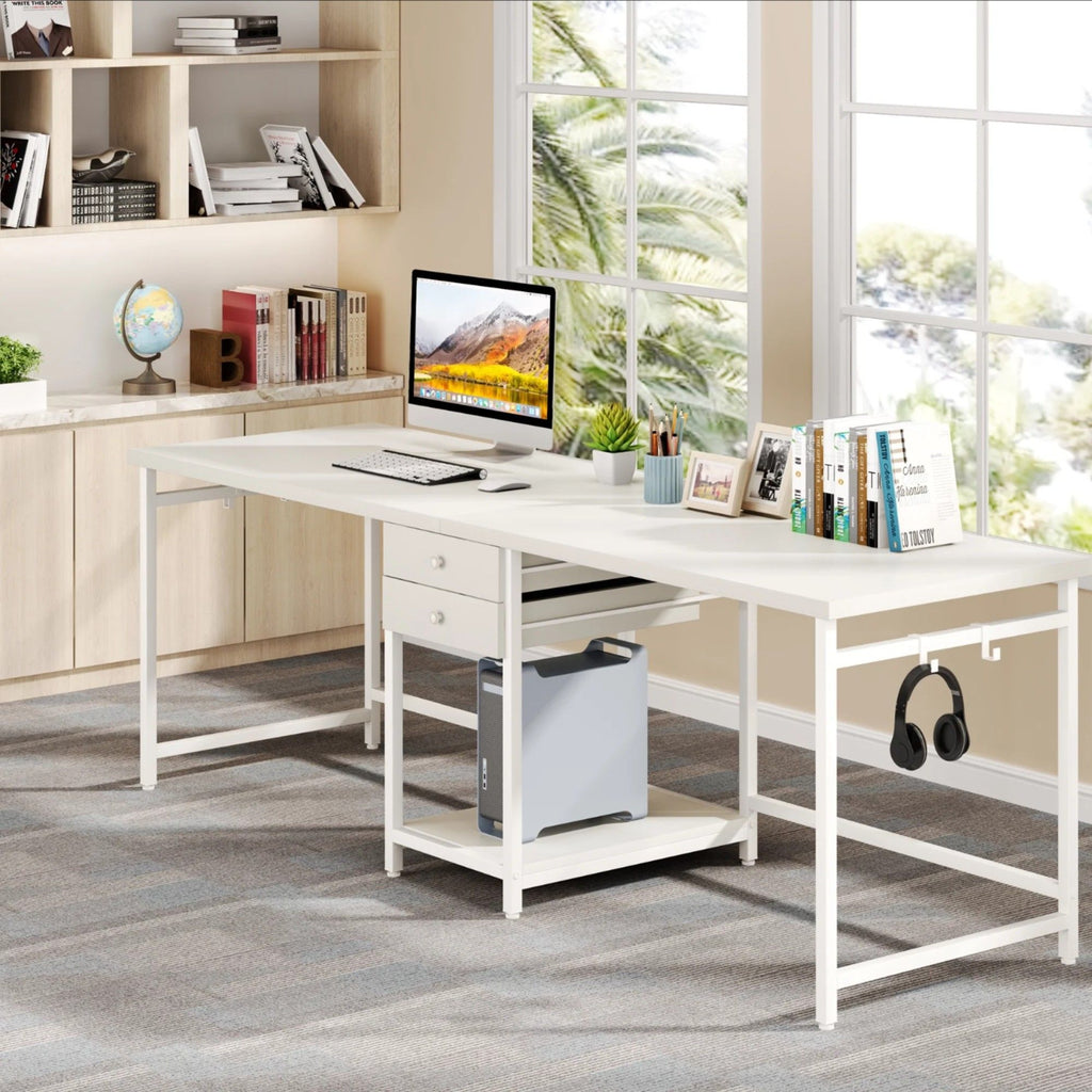 2 Person Computer Desk With Drawers And Shelves, Extra Long Double Workstation