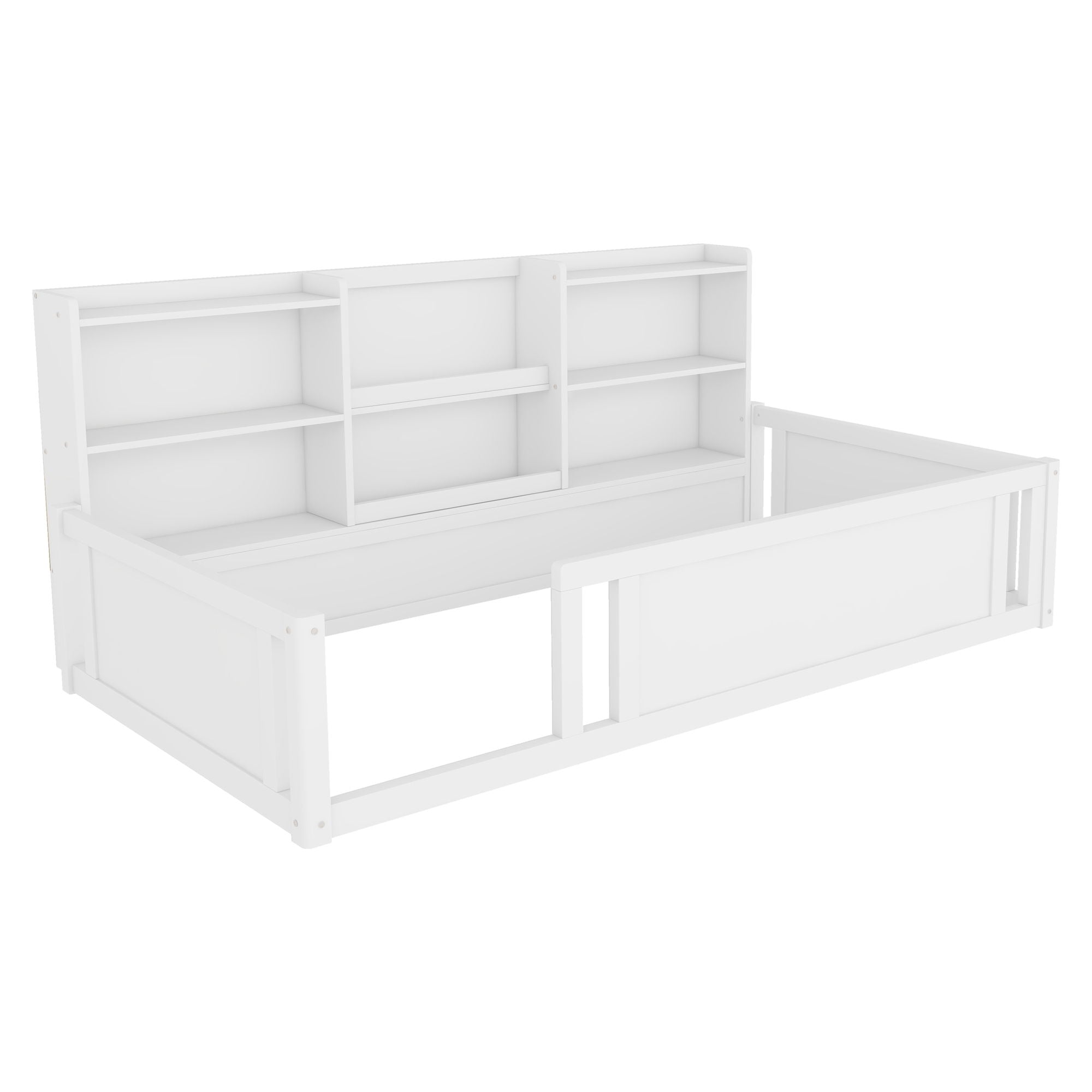 Platform Floor Bed With Guardrail Fence And Side Storage Shelves