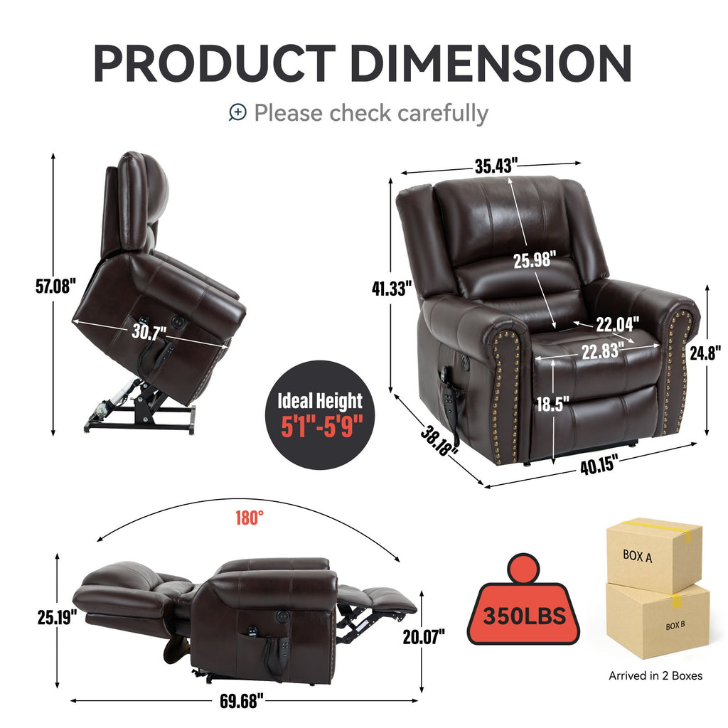 Power Lift Recliner Chair Heat Massage Dual Motor Infinite Position With USB Ports - Antique Brown