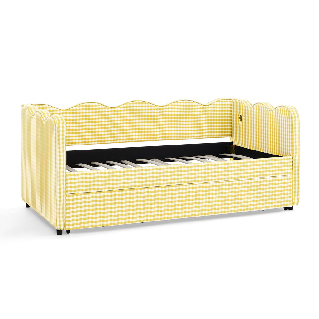 Gingham Daybed With USB Charging Port, Wave-Shaped Design