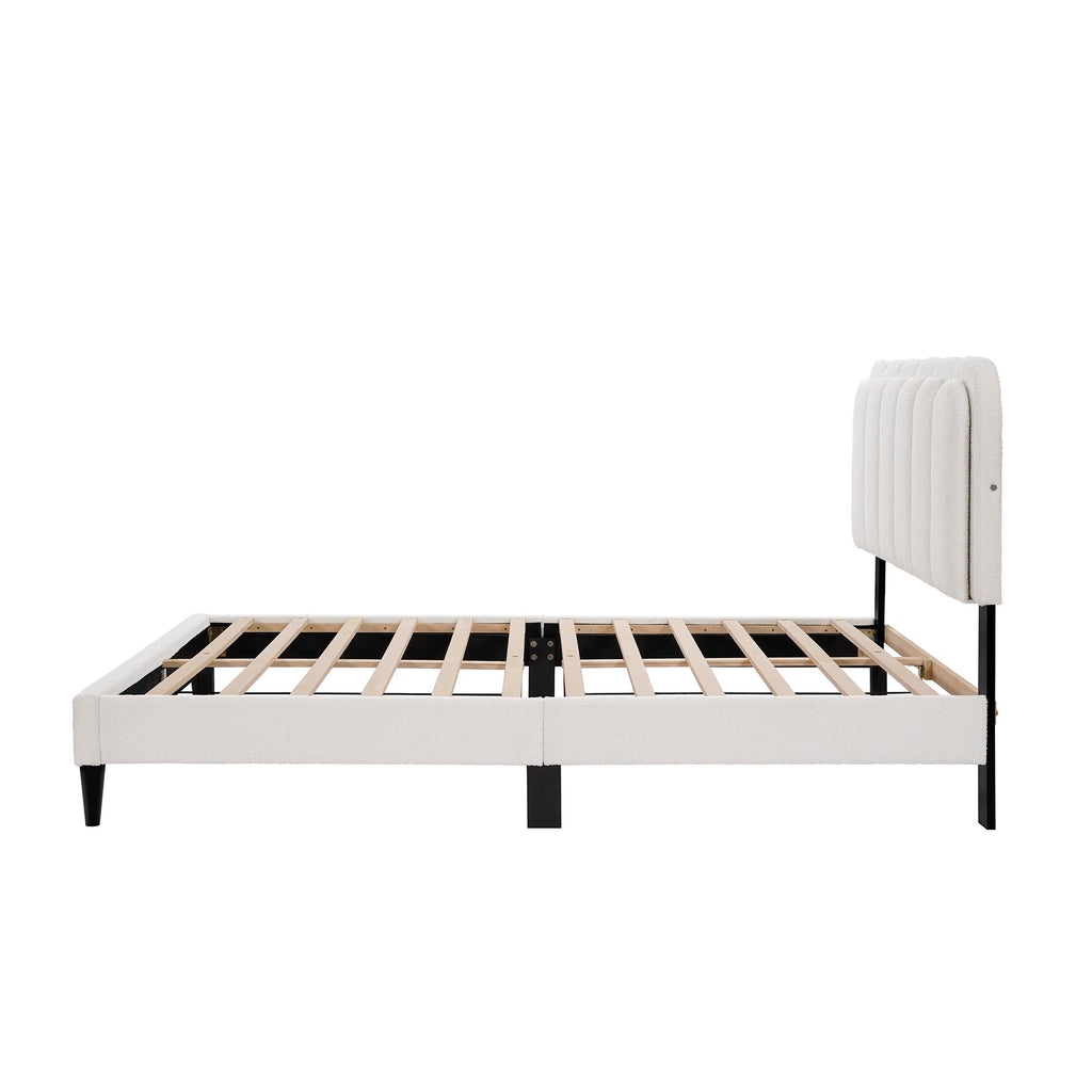 Queen Size Lambswool Petal Headboard Bed Frame With Ambient Light - White