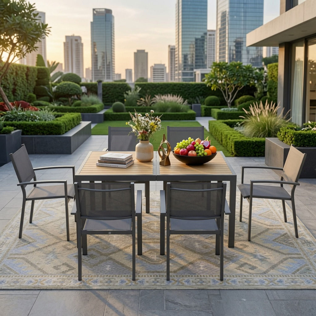 7 Piece Gray Patio Dining Set With Hdps Table And Textilene Chairs For Outdoor Use, Metal Furniture