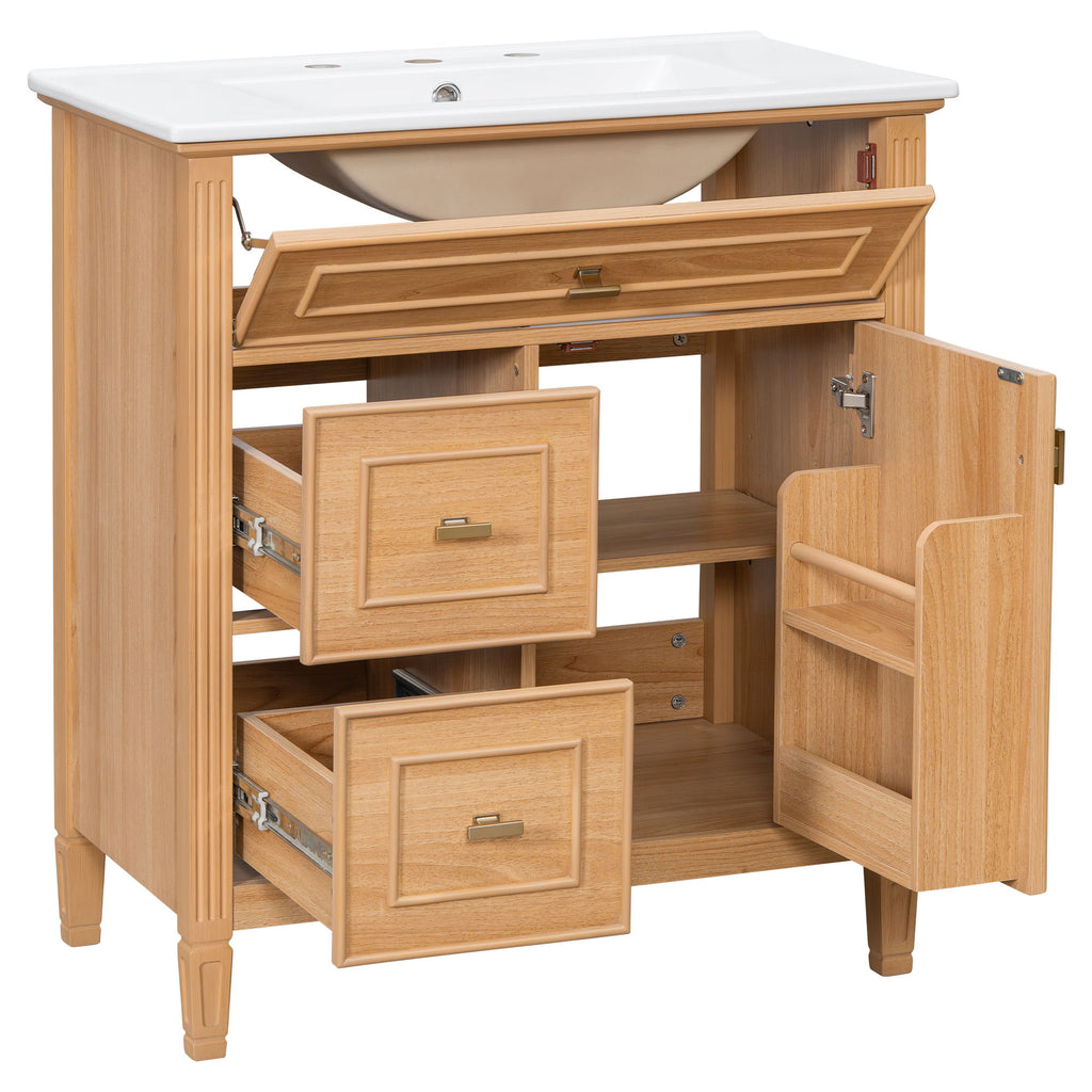 Bathroom Vanity With Sink, Flip Drawer & Adjustable Shelf - Natural