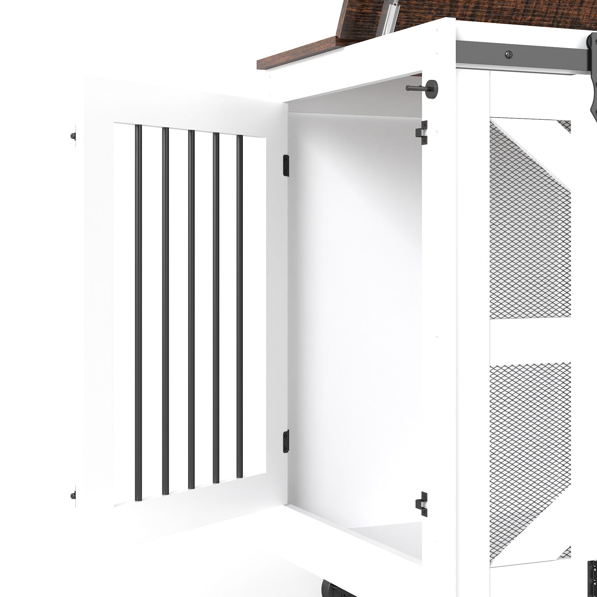 Mobile Dog Crate With Flip Top Feeding Door, Dual Access & 5 Caster System (2 Locking) - Brown White