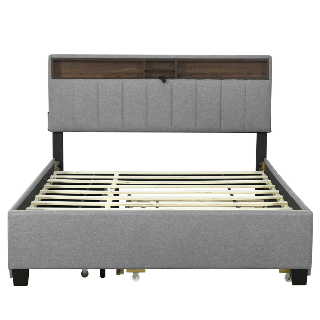 Upholstered Platform Bed With Storage Headboard, Trundle & 2 Drawers And A Set Of Sockets & USB Ports