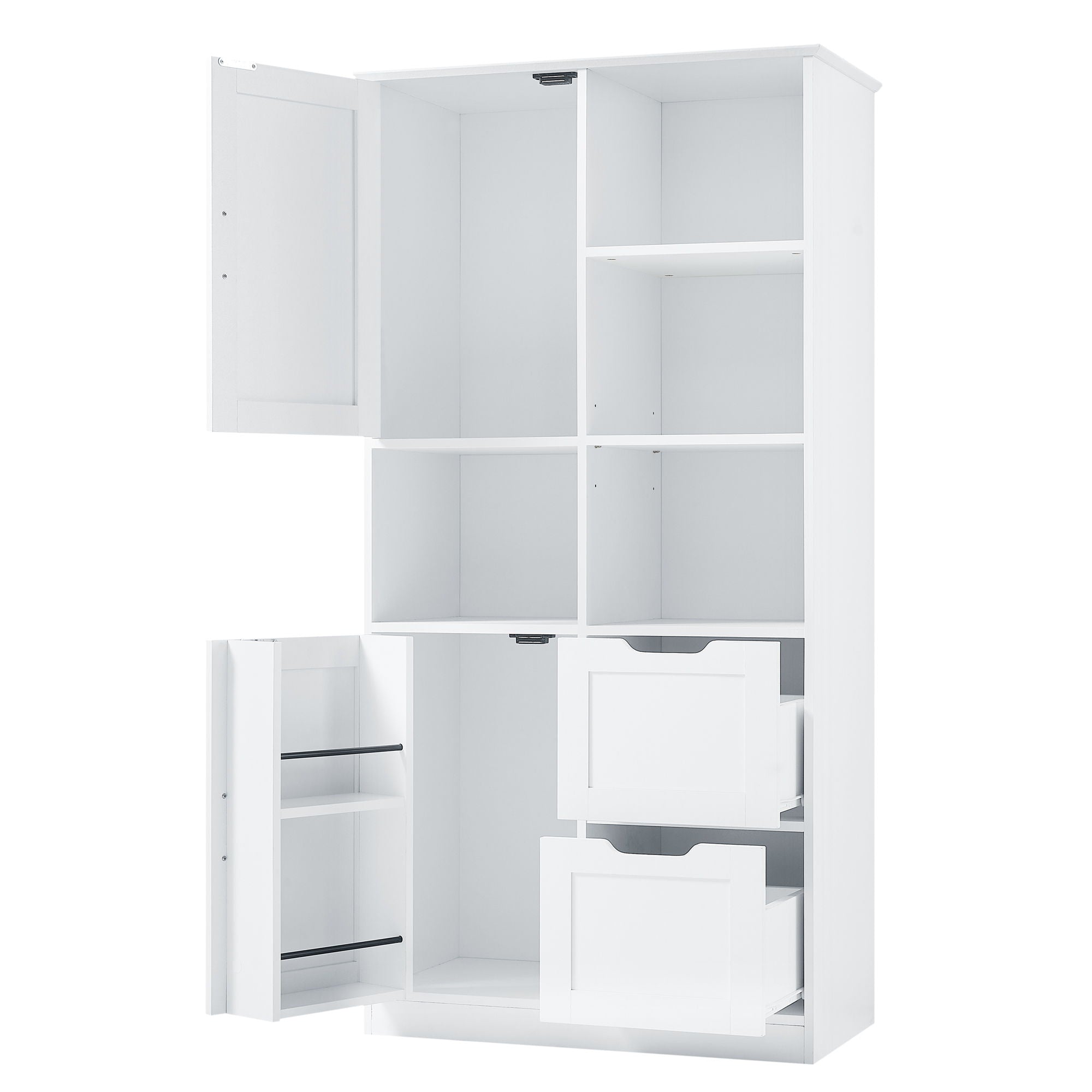 Freestanding Bathroom Storage Cabinet With Doors And Drawers, Adjustable Shelf, Open Shelves - White